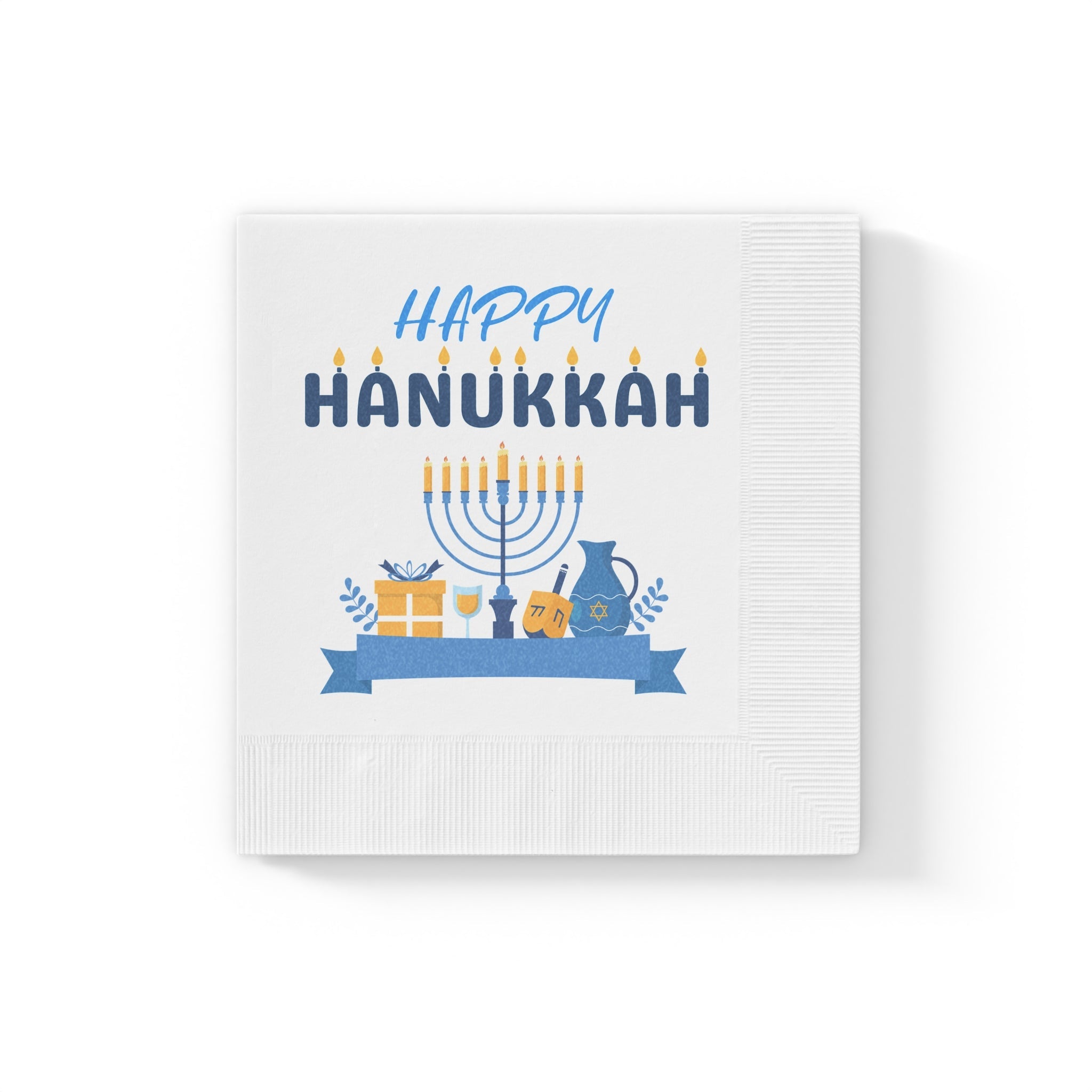 Hanukkah-themed greeting card with menorah, candles, and traditional items on a white background