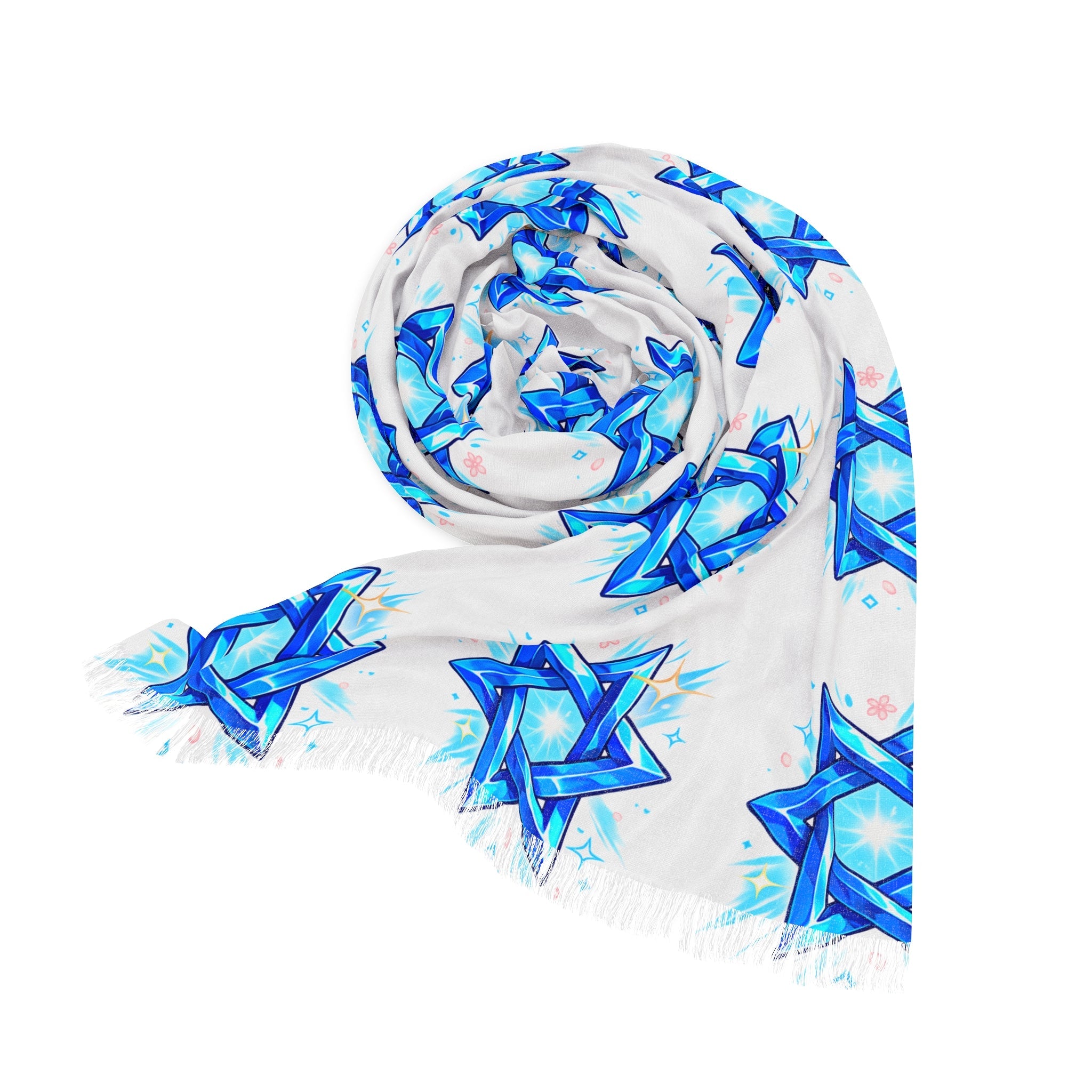White scarf with blue star patterns on a white background