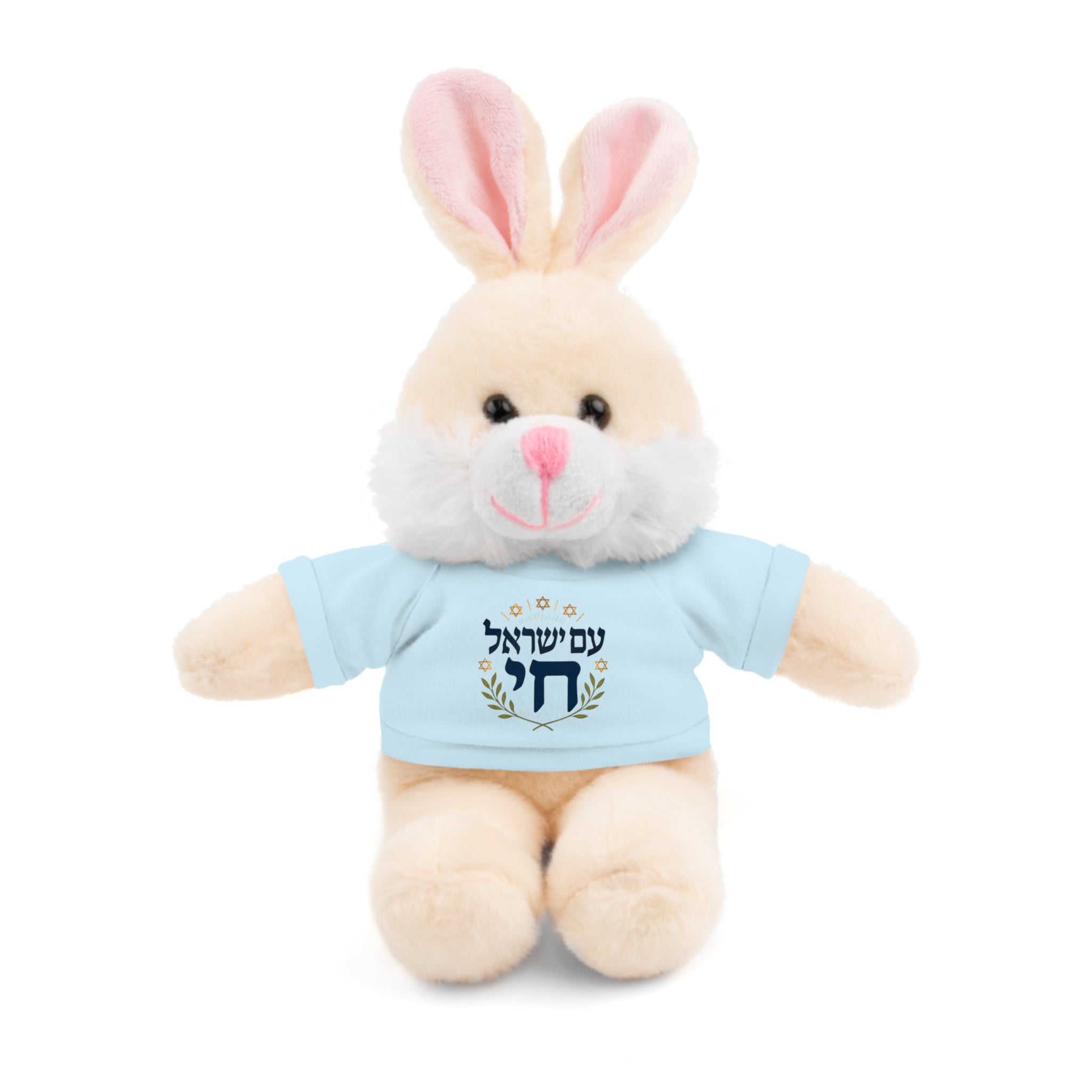 Plush toy rabbit wearing a blue shirt with text on a white background