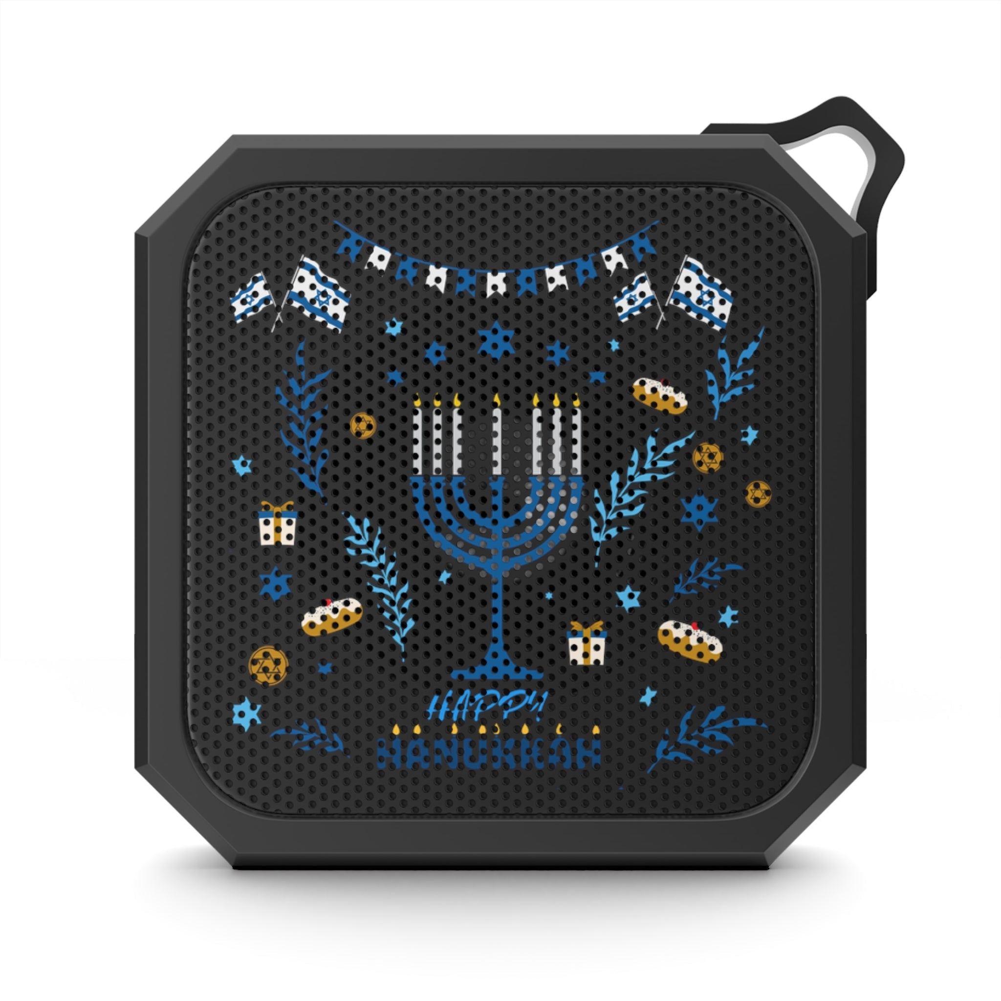 Black portable speaker with Menorah design on a white background