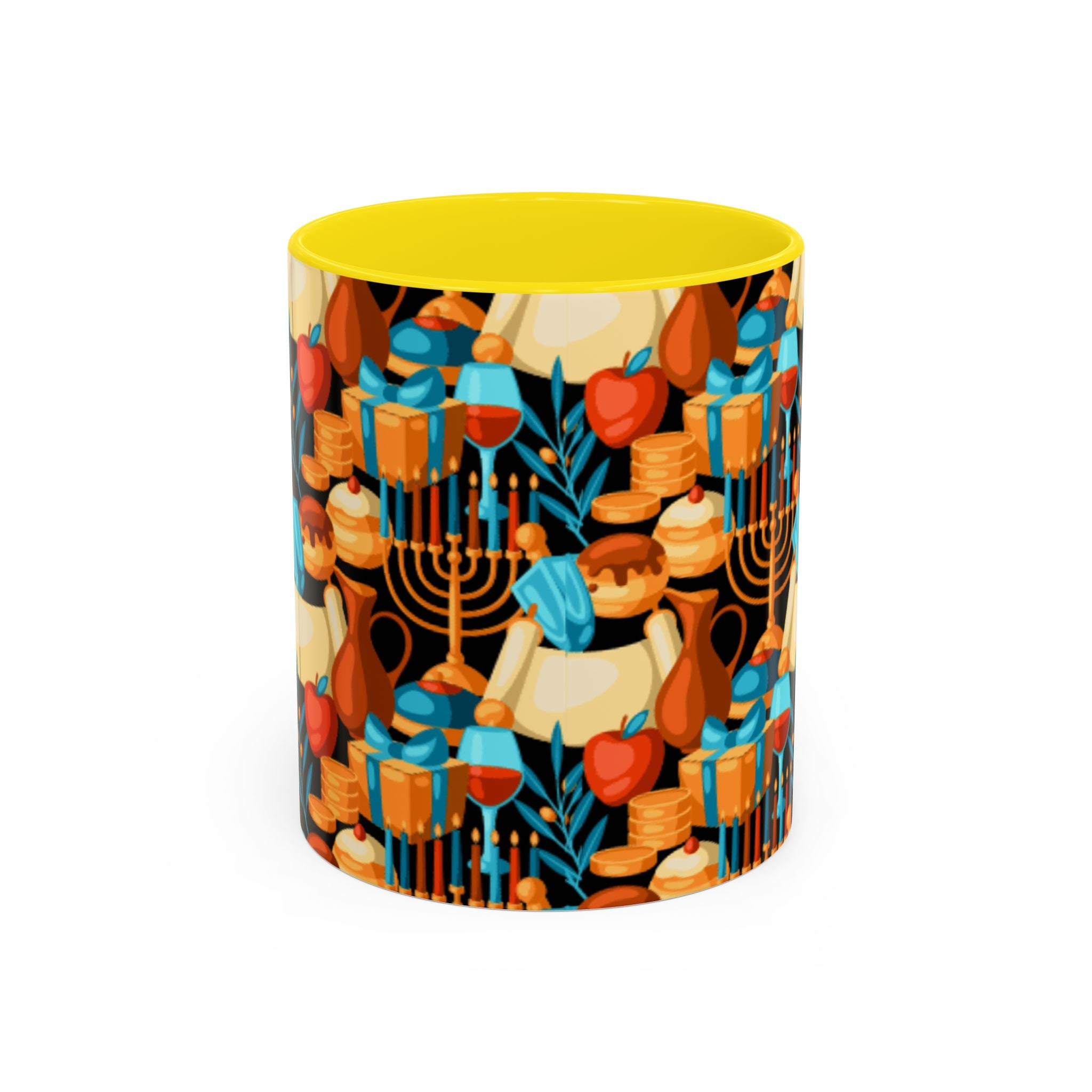 Hanukkah Pattern Accent Coffee Mug — Menorah, Dreidel & Sufganiyot Holiday Design (11/15oz)