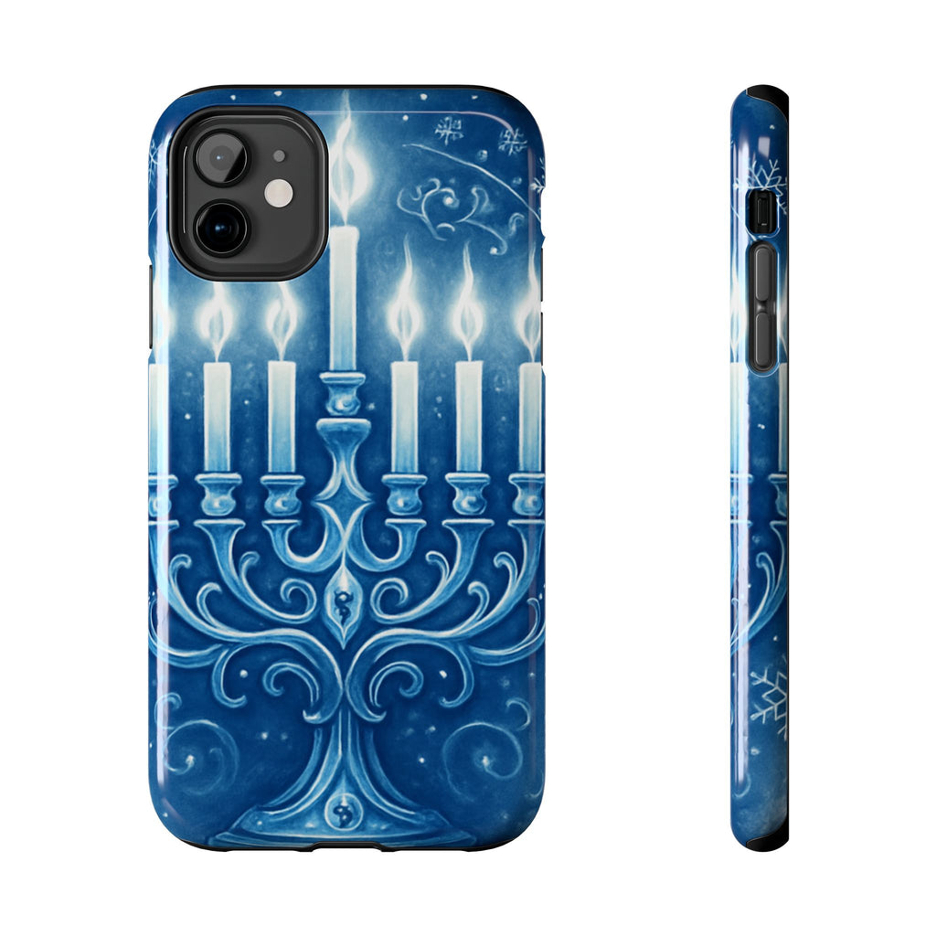 Blue Hanukkah Menorah Tough Phone Case — Holiday Candlelight Protective Cover