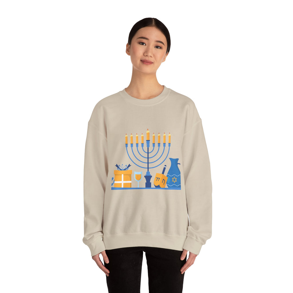 Hanukkah Crewneck Sweatshirt — Menorah, Dreidel & ‘Happy Hanukkah’ Holiday Sweater