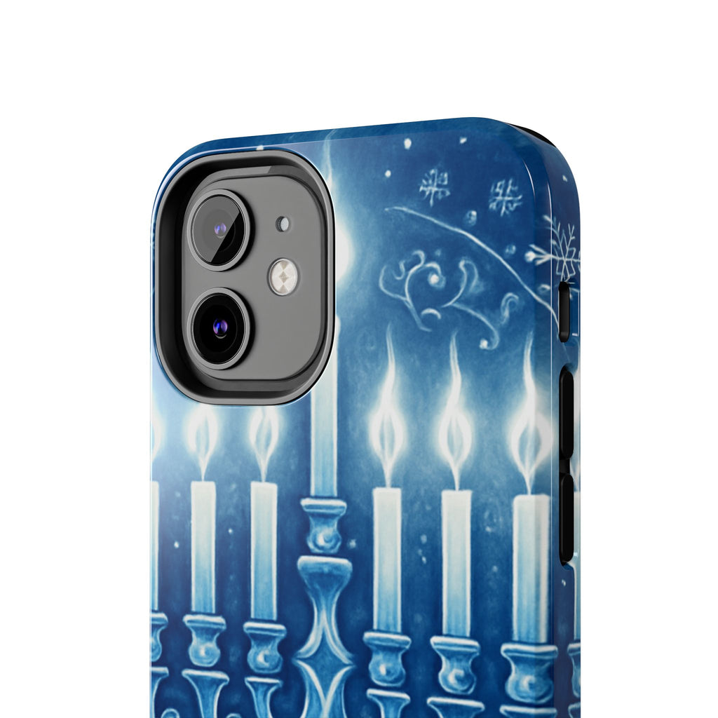 Blue Hanukkah Menorah Tough Phone Case — Holiday Candlelight Protective Cover