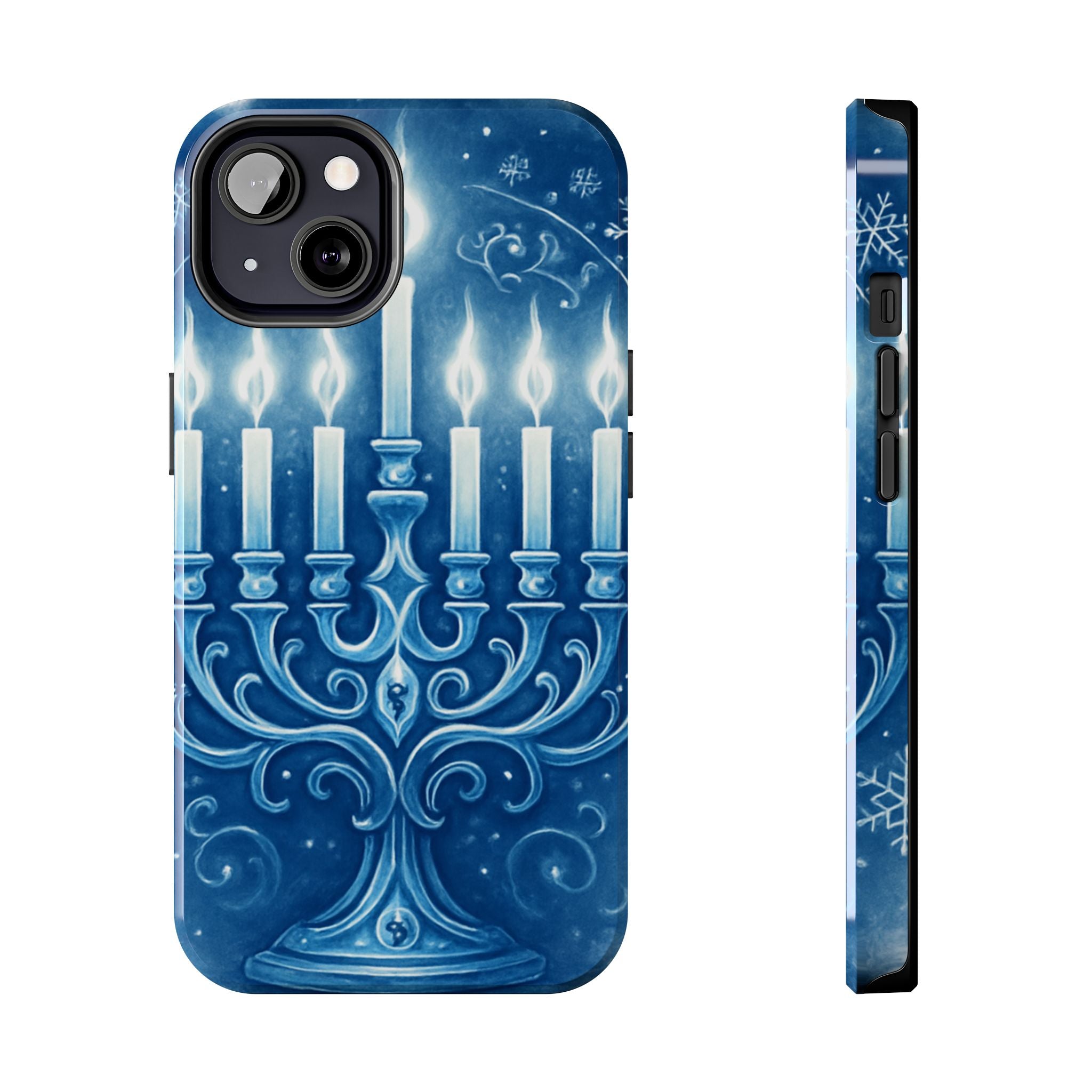 Blue Hanukkah Menorah Tough Phone Case — Holiday Candlelight Protective Cover