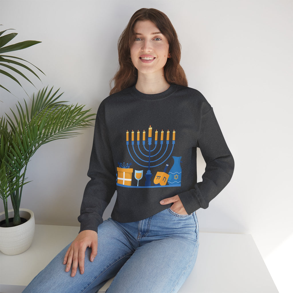 Hanukkah Crewneck Sweatshirt — Menorah, Dreidel & ‘Happy Hanukkah’ Holiday Sweater