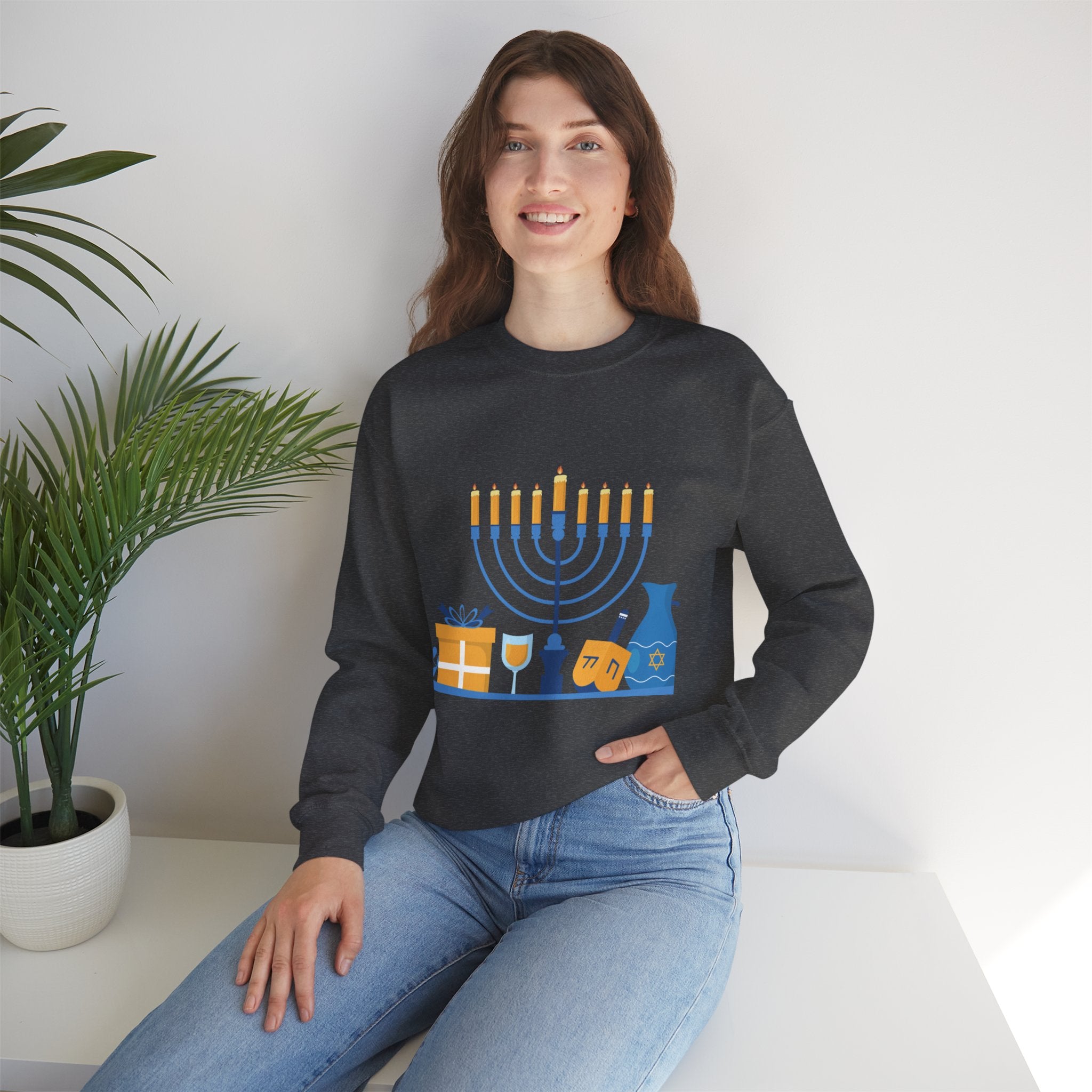 Hanukkah Crewneck Sweatshirt — Menorah, Dreidel & ‘Happy Hanukkah’ Holiday Sweater