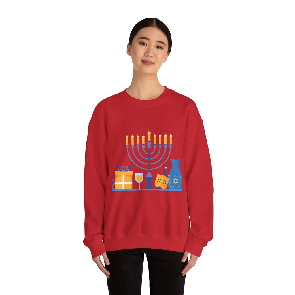Hanukkah Crewneck Sweatshirt — Menorah, Dreidel & ‘Happy Hanukkah’ Holiday Sweater