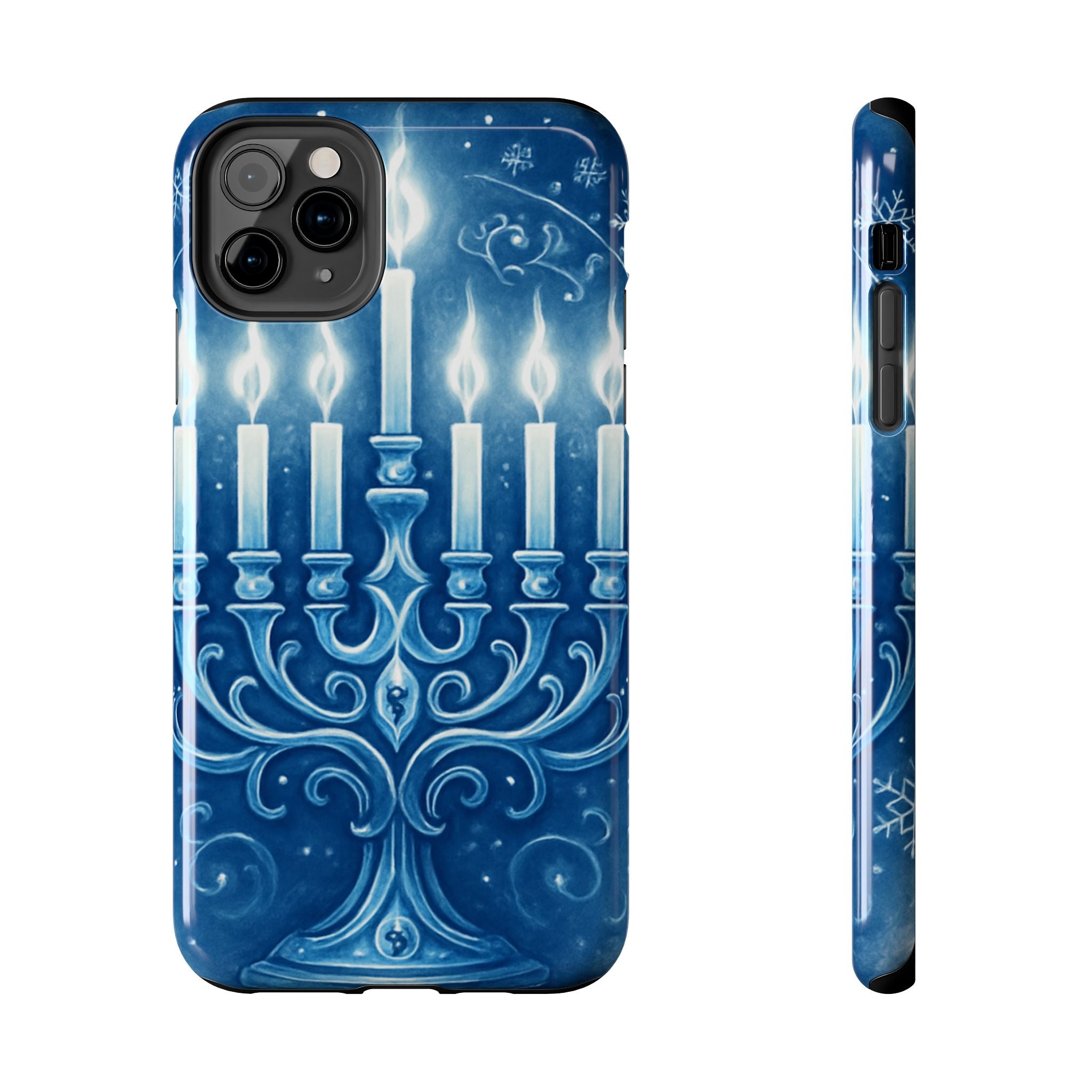Blue Hanukkah Menorah Tough Phone Case — Holiday Candlelight Protective Cover