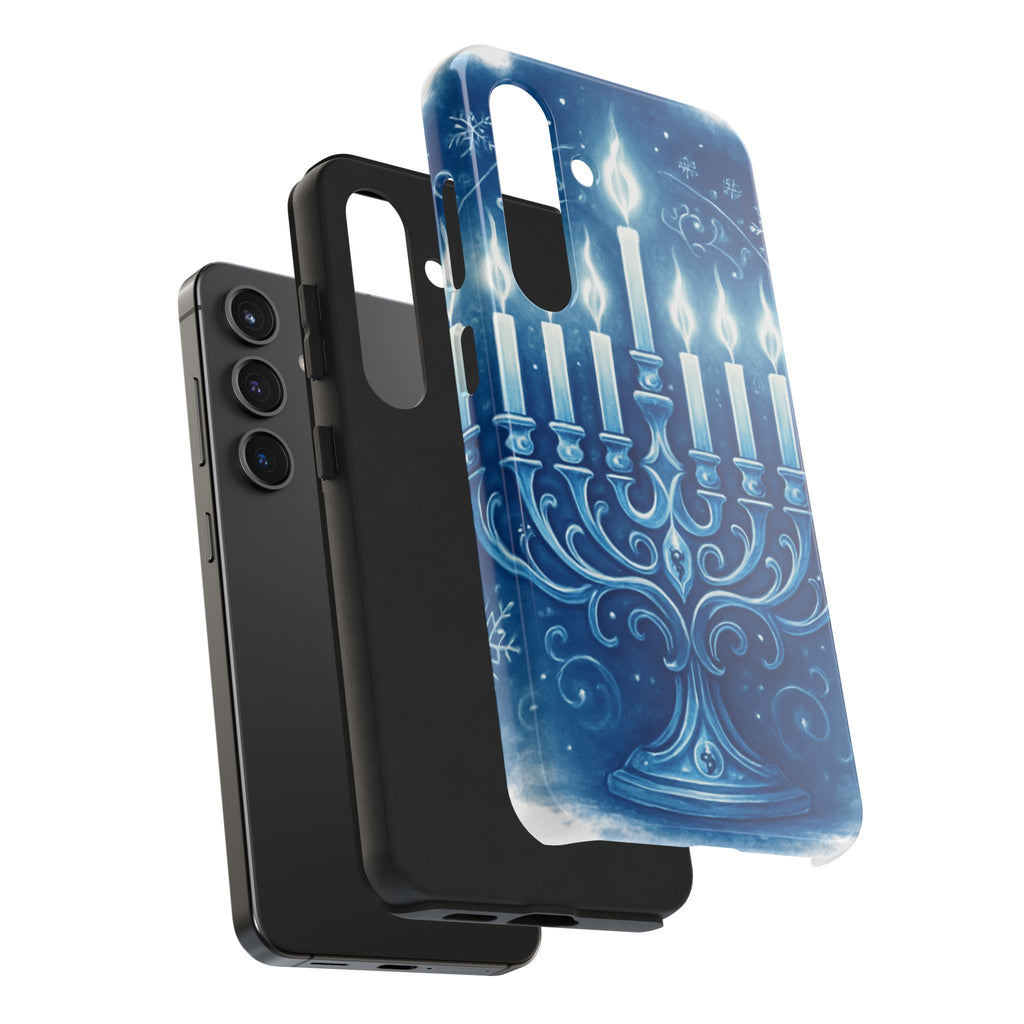 Blue Hanukkah Menorah Tough Phone Case — Holiday Candlelight Protective Cover