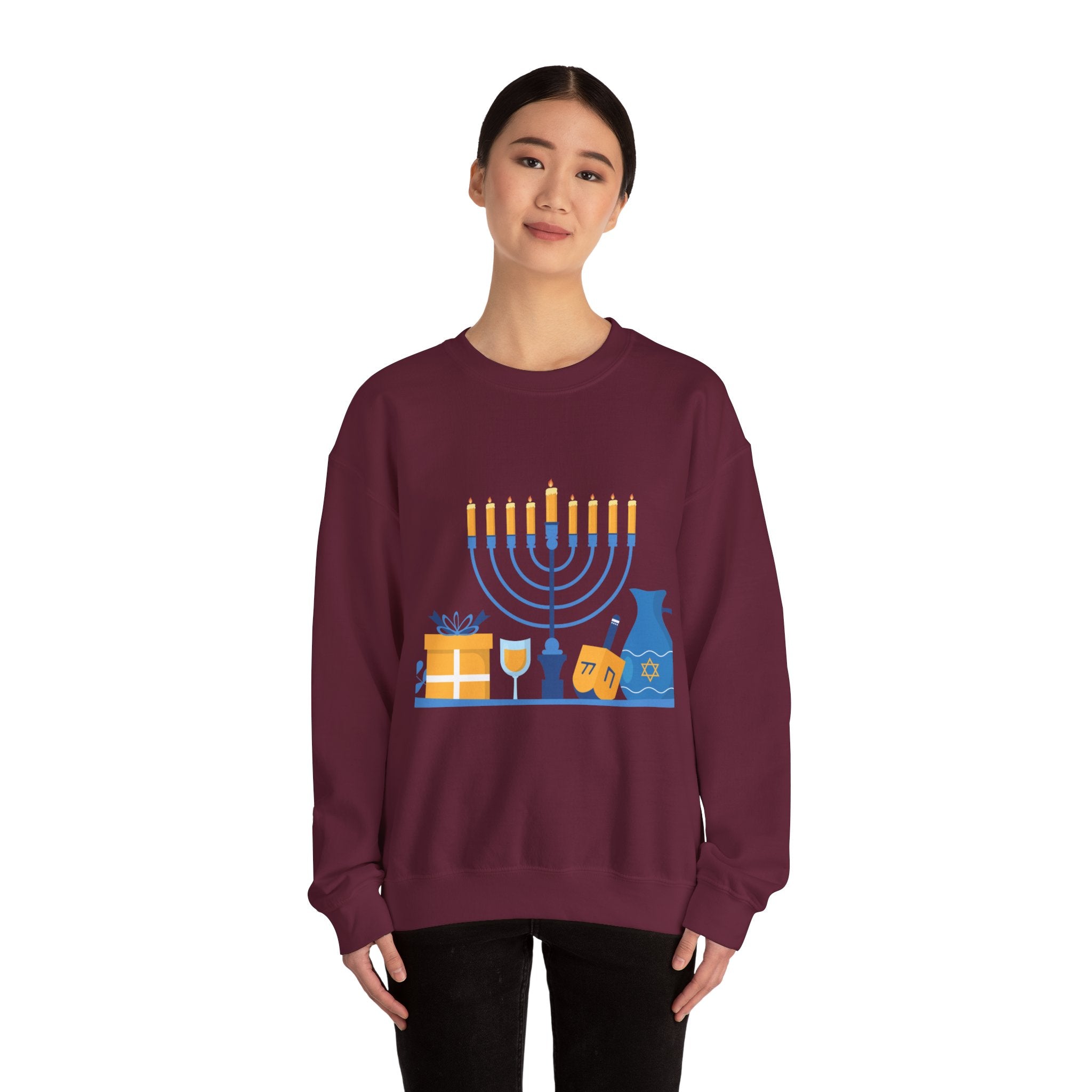 Hanukkah Crewneck Sweatshirt — Menorah, Dreidel & ‘Happy Hanukkah’ Holiday Sweater