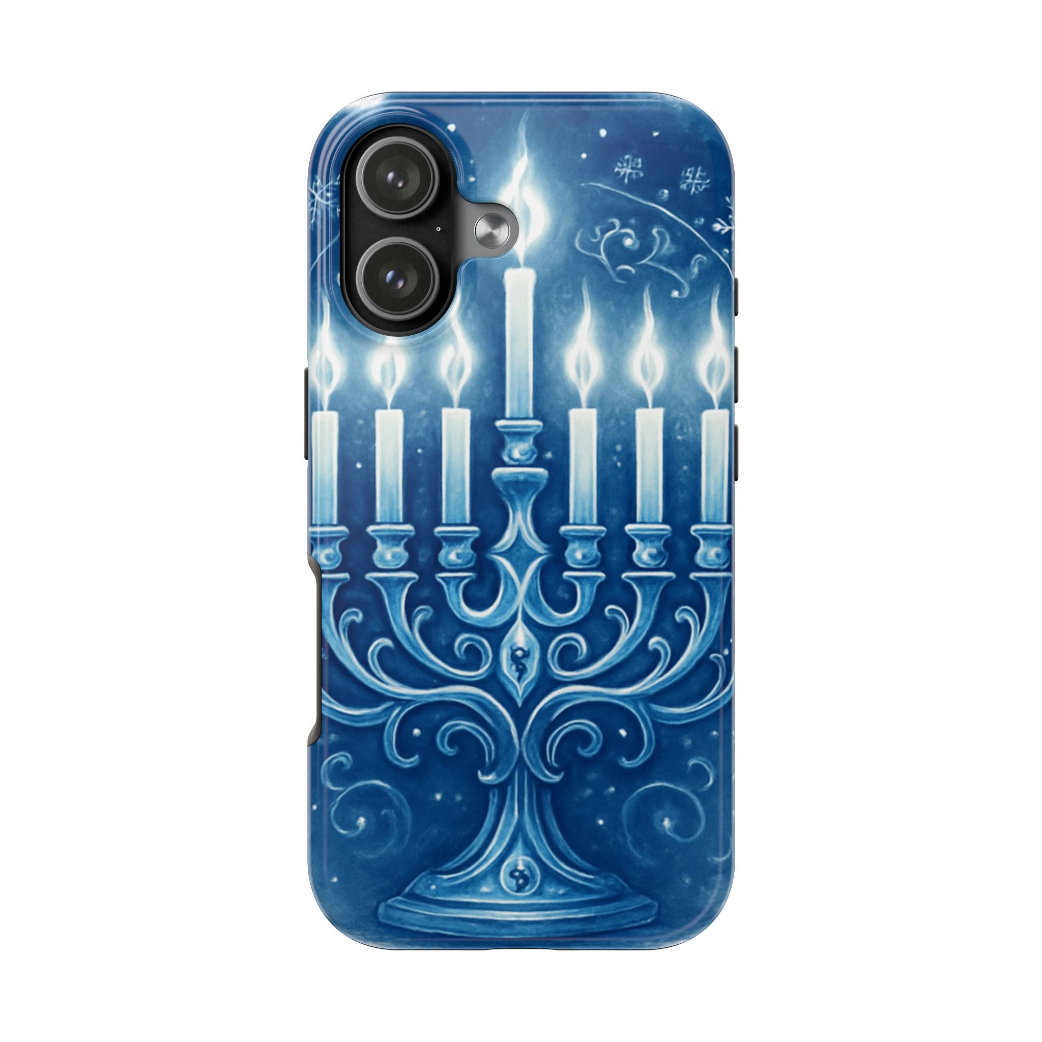 Blue Hanukkah Menorah Tough Phone Case — Holiday Candlelight Protective Cover