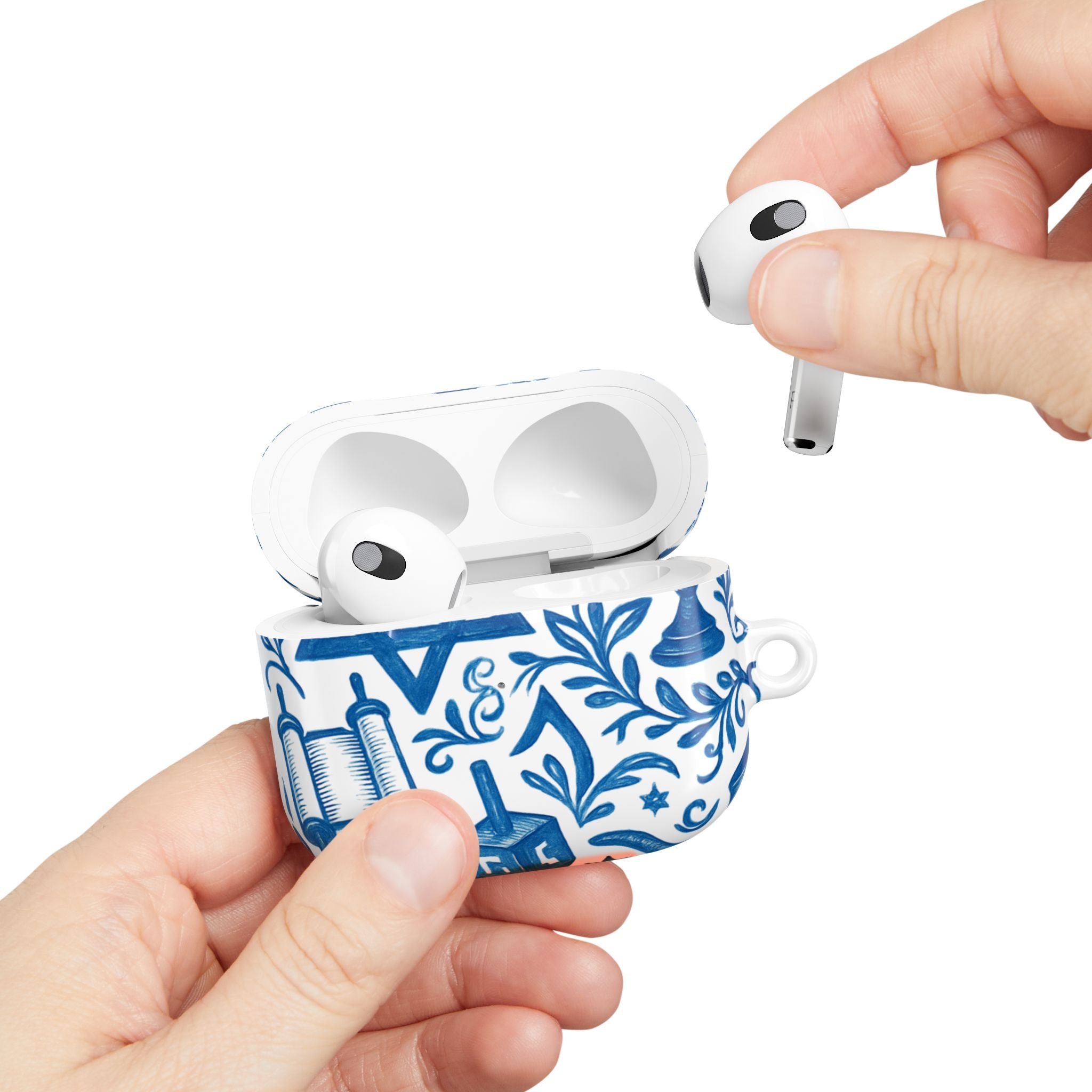 Hanukkah AirPod Case — Blue Menorah, Star of David & Dreidel Design