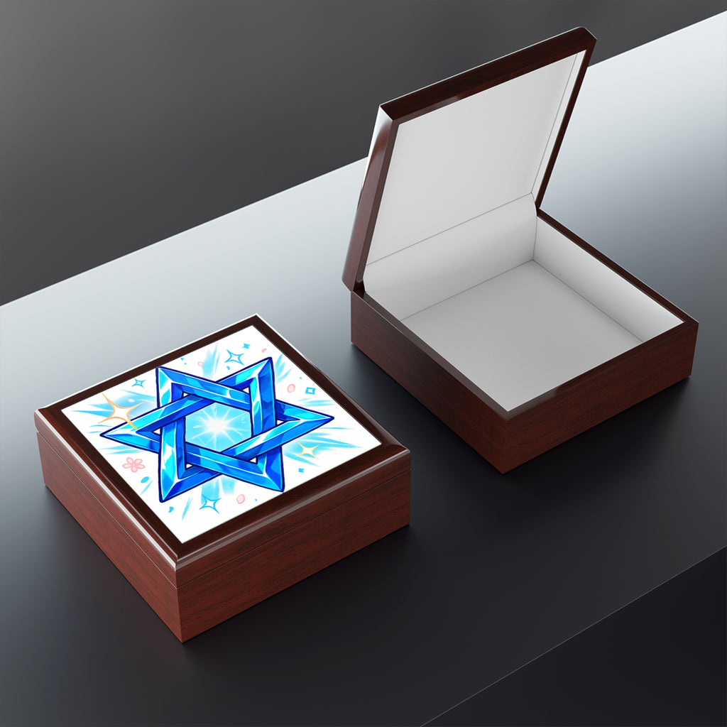 Wooden jewelry box with a blue star design on a dark surface