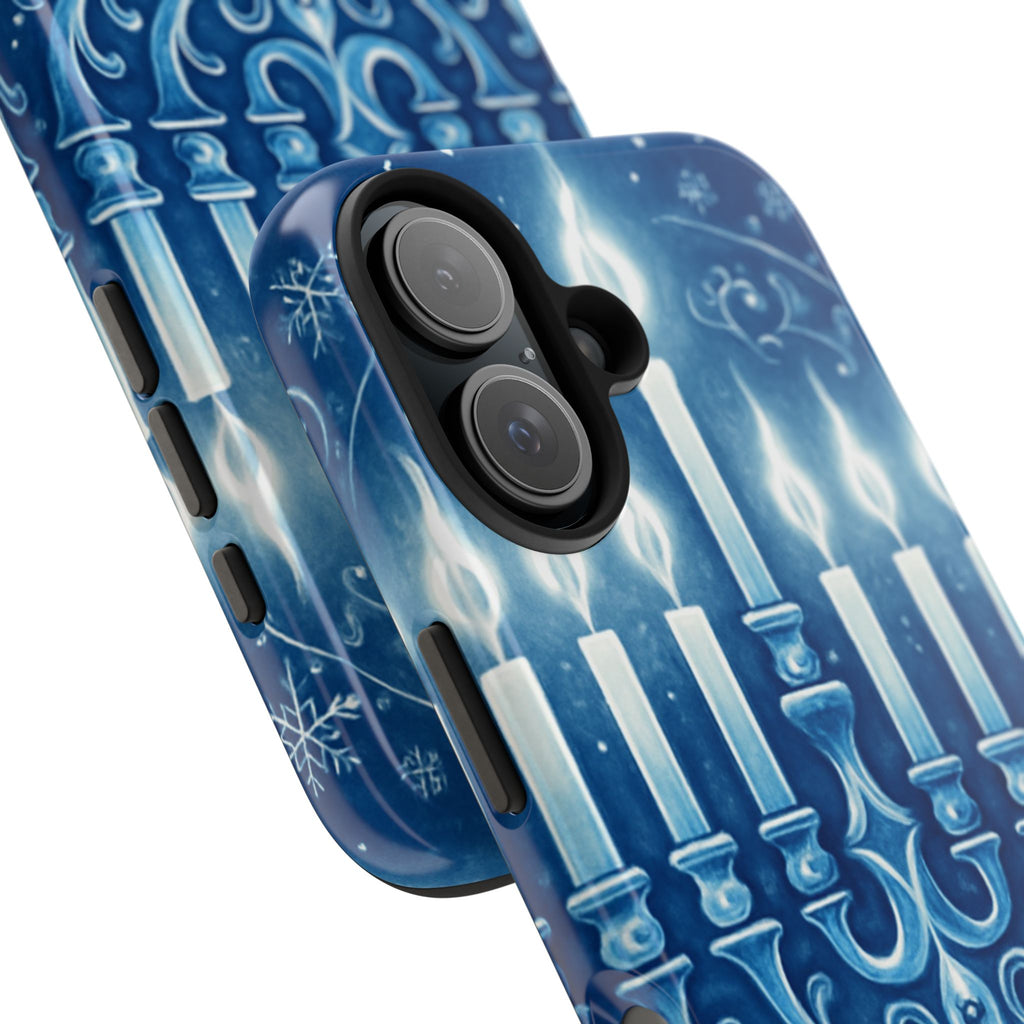 Blue Hanukkah Menorah Tough Phone Case — Holiday Candlelight Protective Cover