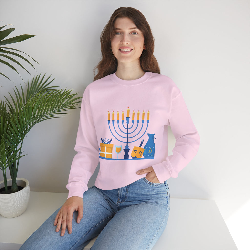 Hanukkah Crewneck Sweatshirt — Menorah, Dreidel & ‘Happy Hanukkah’ Holiday Sweater