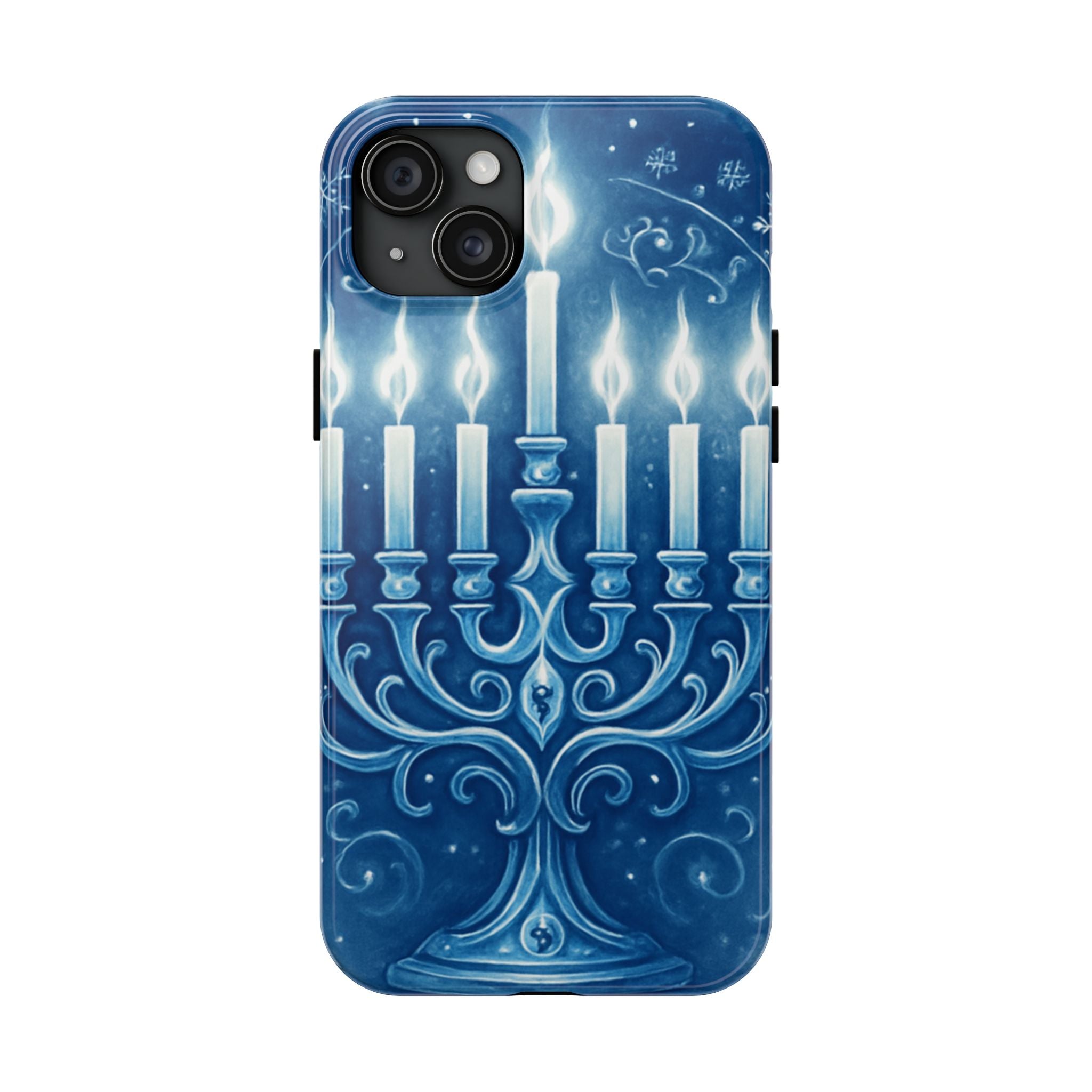 Blue Hanukkah Menorah Tough Phone Case — Holiday Candlelight Protective Cover