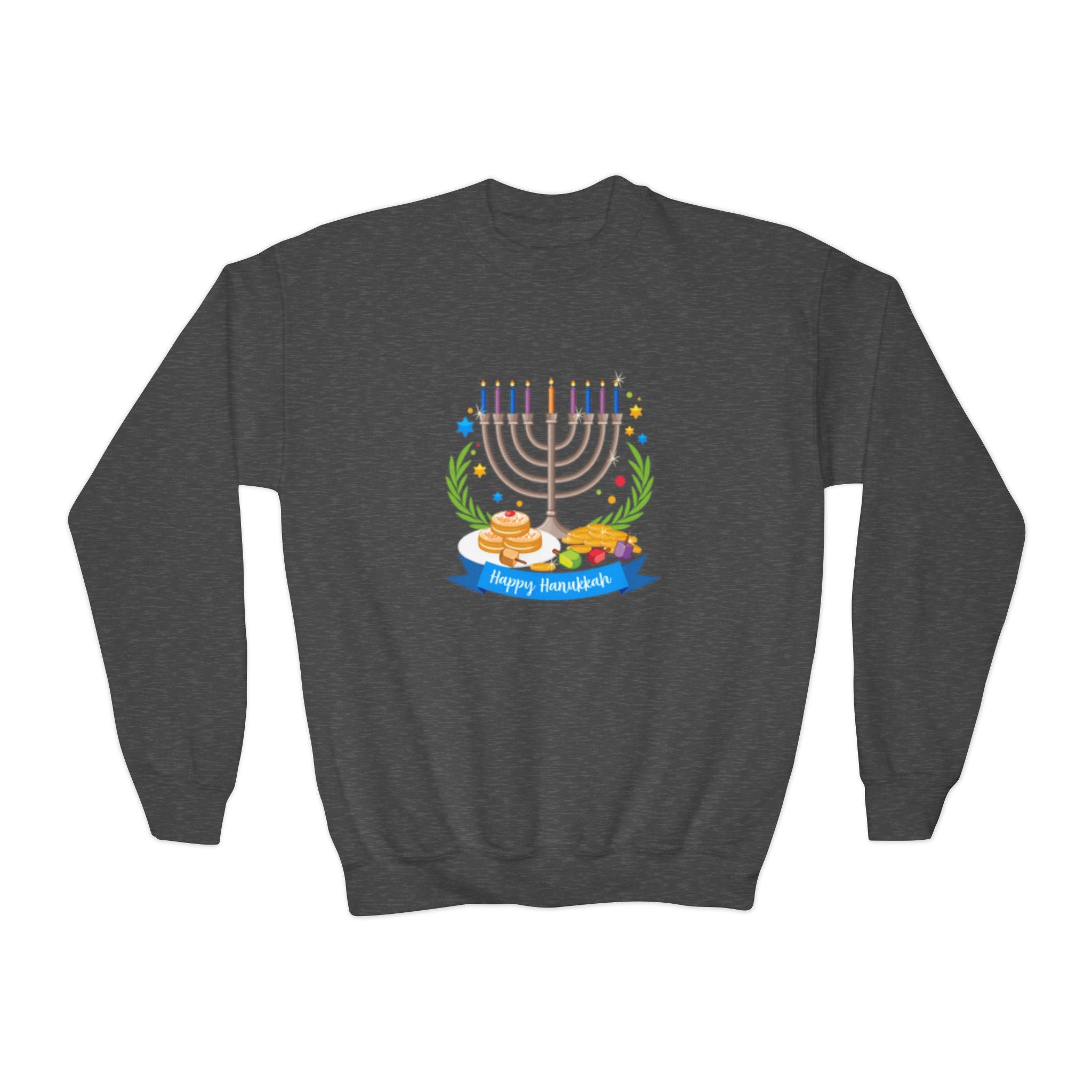Happy Chanukah Youth Crewneck Sweatshirt — Menorah & Dreidel Holiday Sweater
