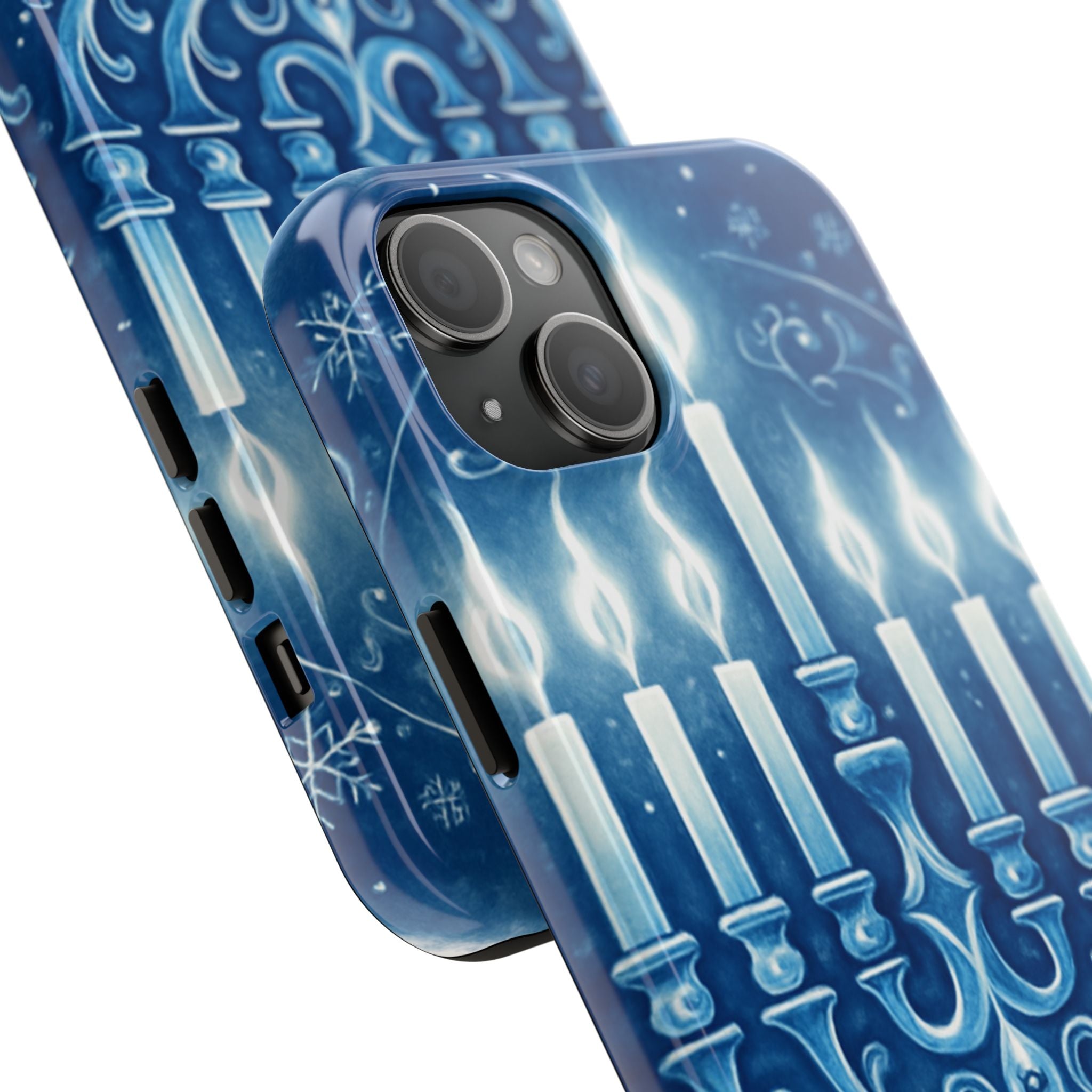 Blue Hanukkah Menorah Tough Phone Case — Holiday Candlelight Protective Cover