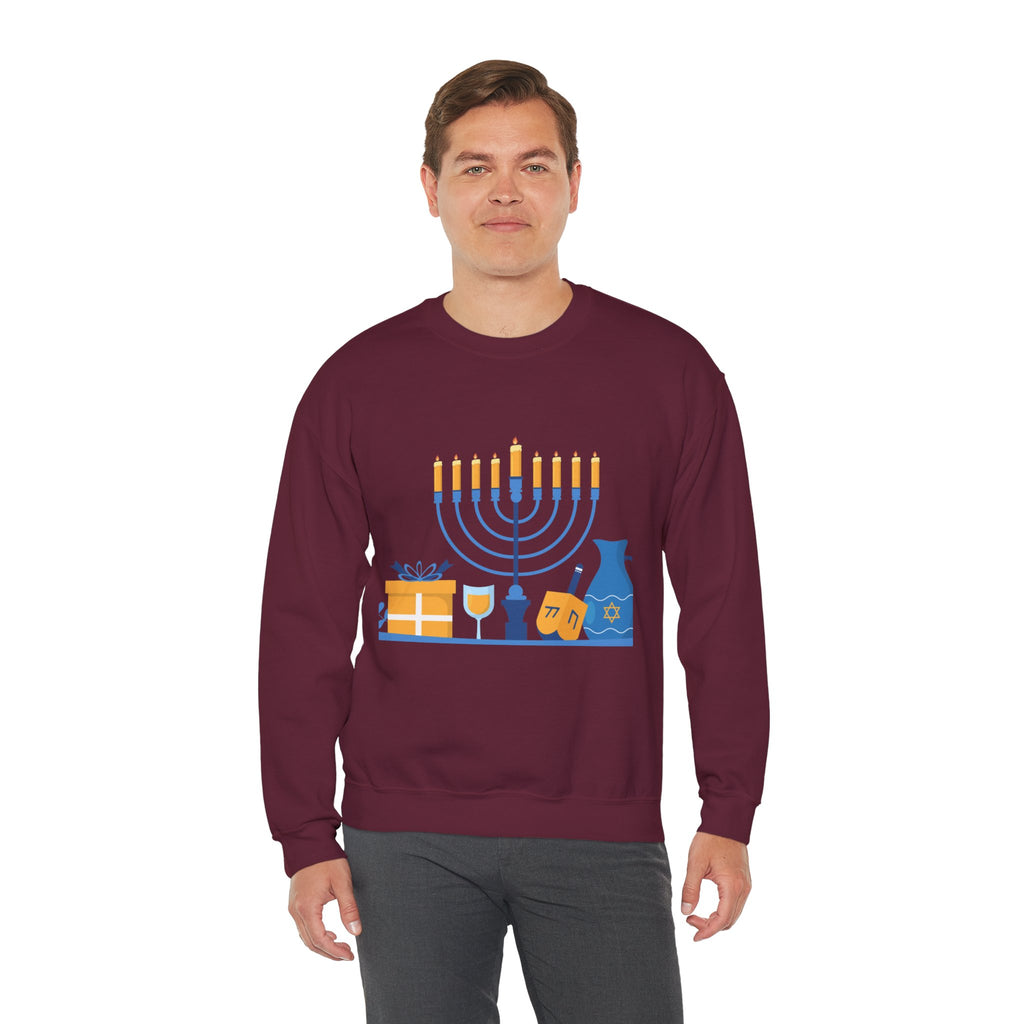 Hanukkah Crewneck Sweatshirt — Menorah, Dreidel & ‘Happy Hanukkah’ Holiday Sweater