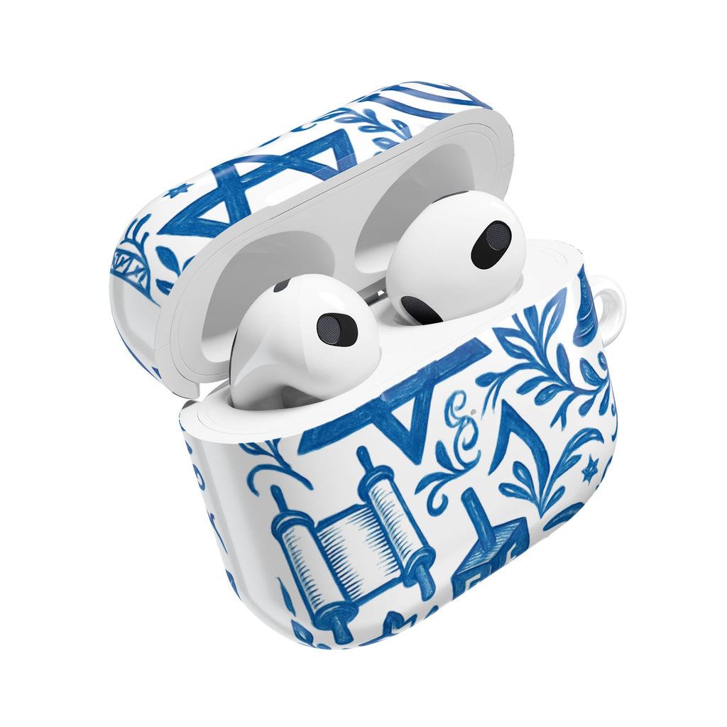 Hanukkah AirPod Case — Blue Menorah, Star of David & Dreidel Design