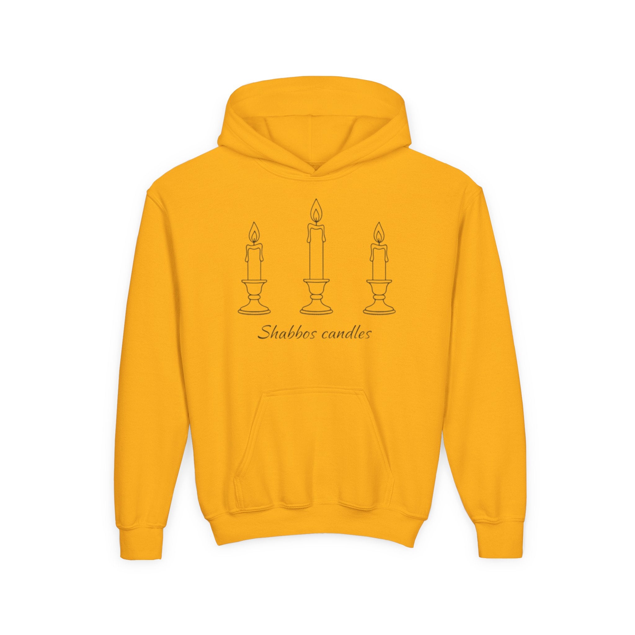 Yellow hoodie with 'Shabbos candles' design on a white background
