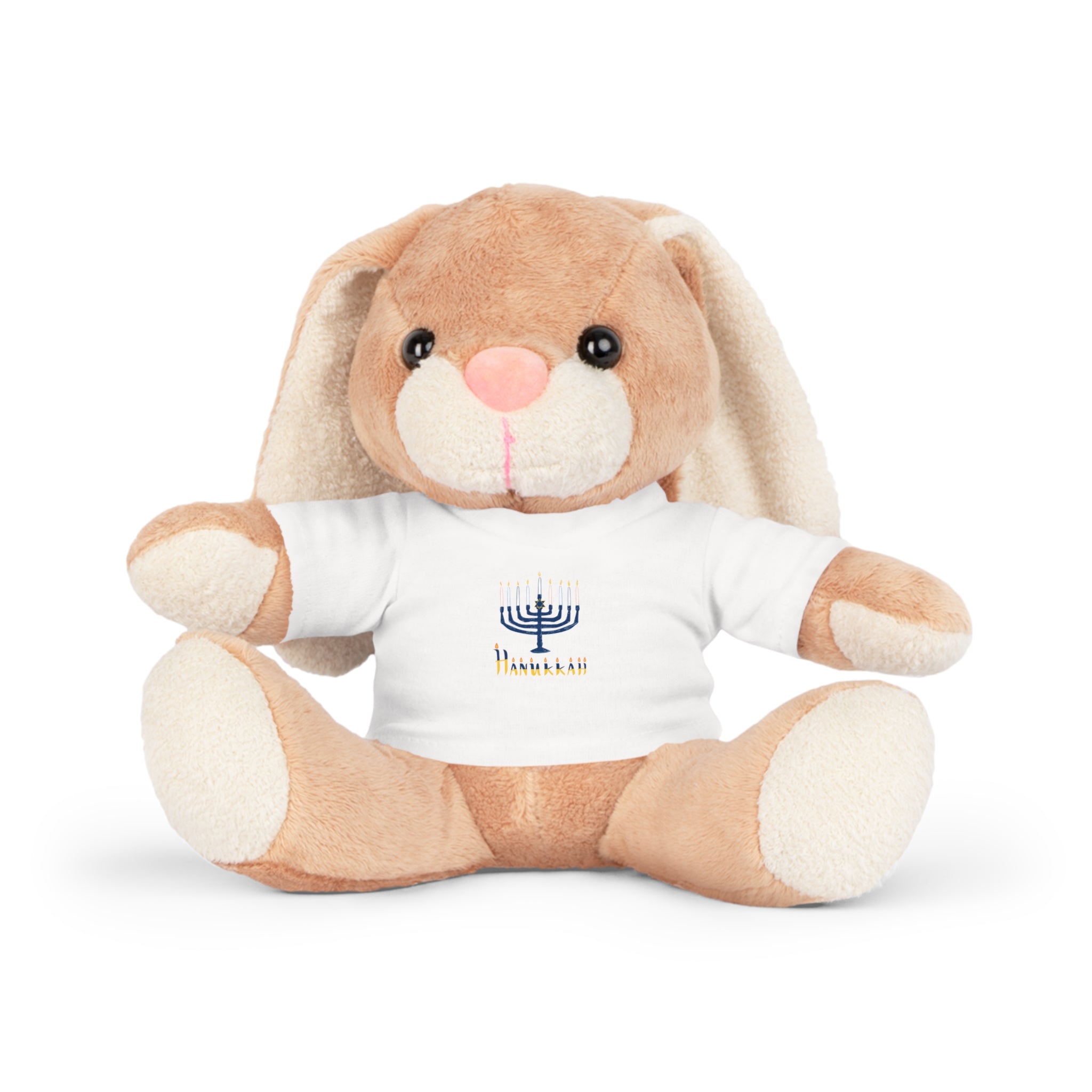Plush bunny toy wearing a white shirt with a menorah design on a white background