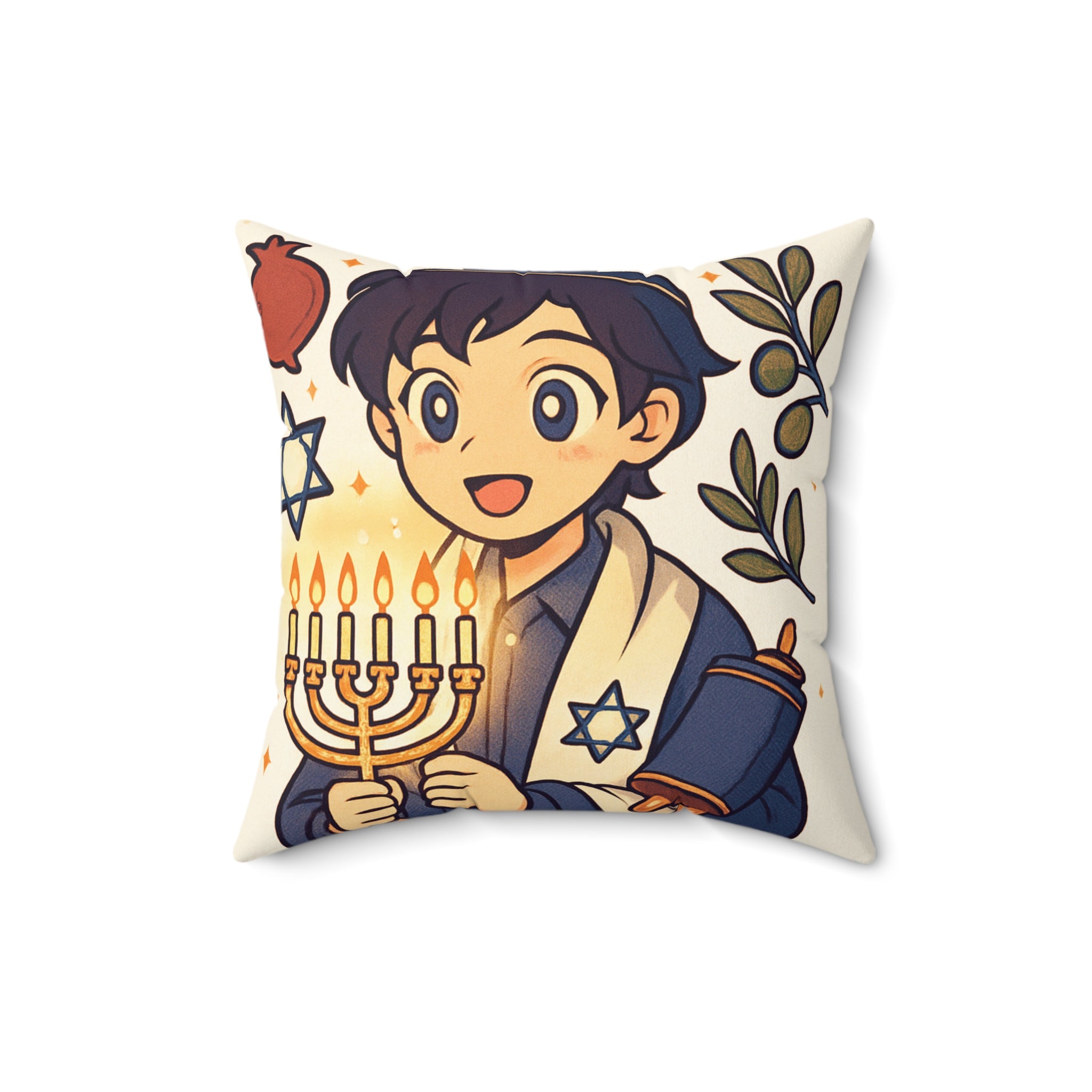 Hanukkah Boy Decorative Pillow — Menorah & Torah Festive Holiday Throw Pillow