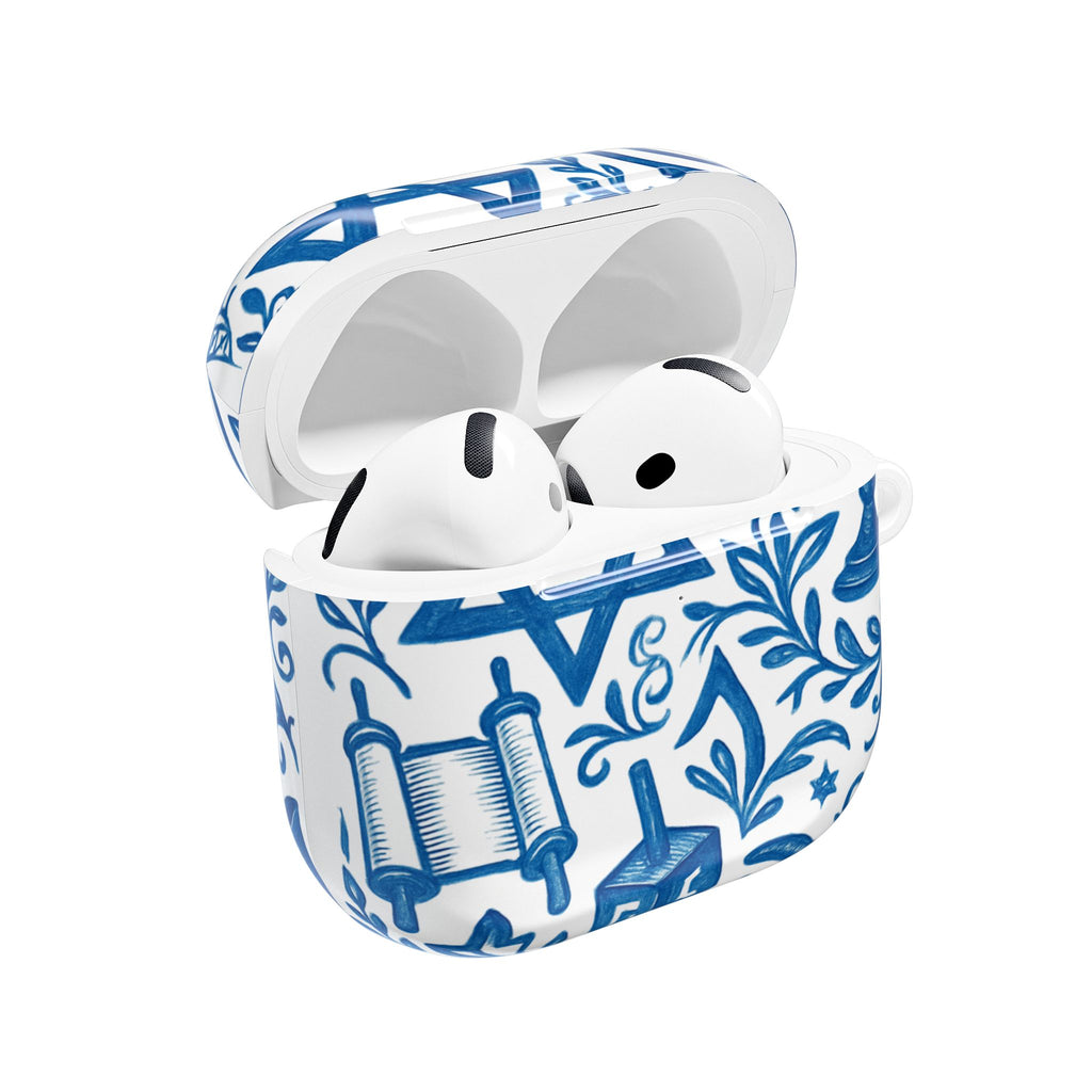 Hanukkah AirPod Case — Blue Menorah, Star of David & Dreidel Design