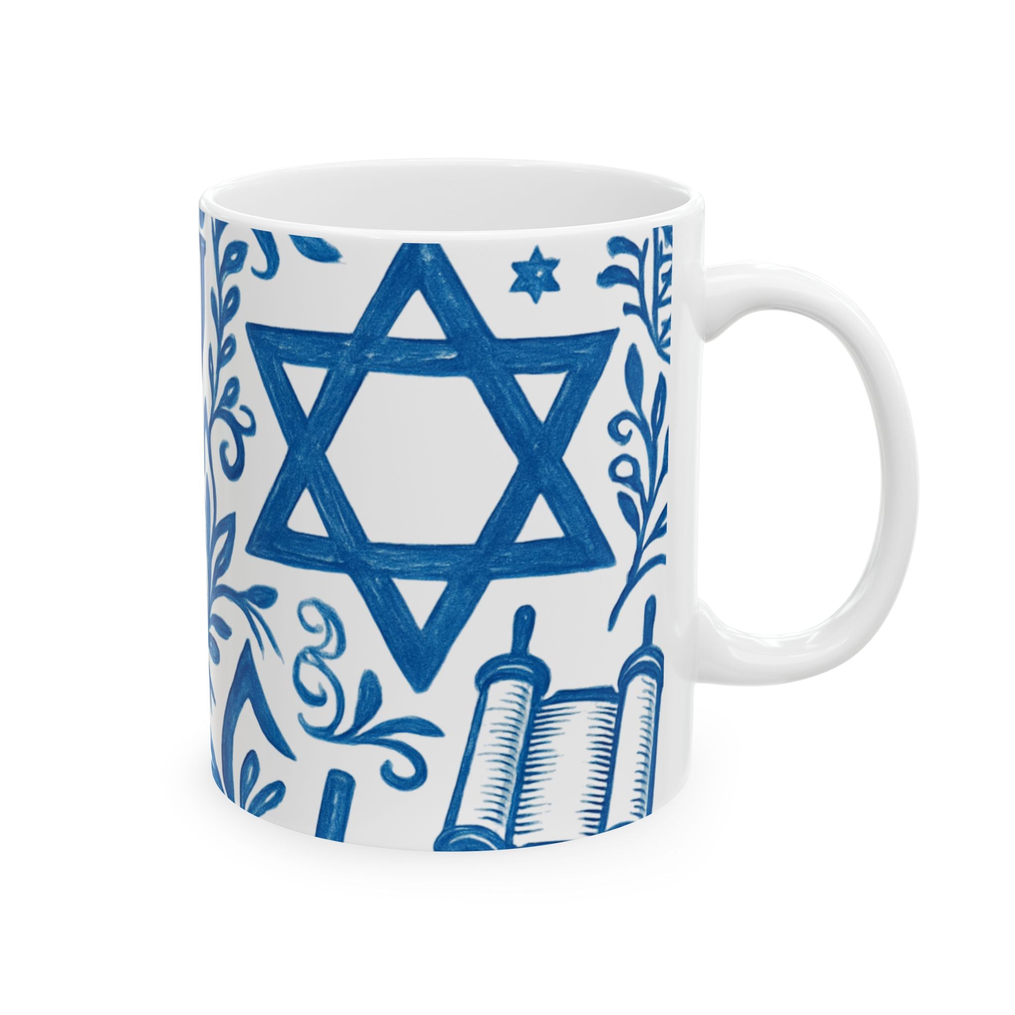White mug with blue Star of David and Torah scroll design on a white background