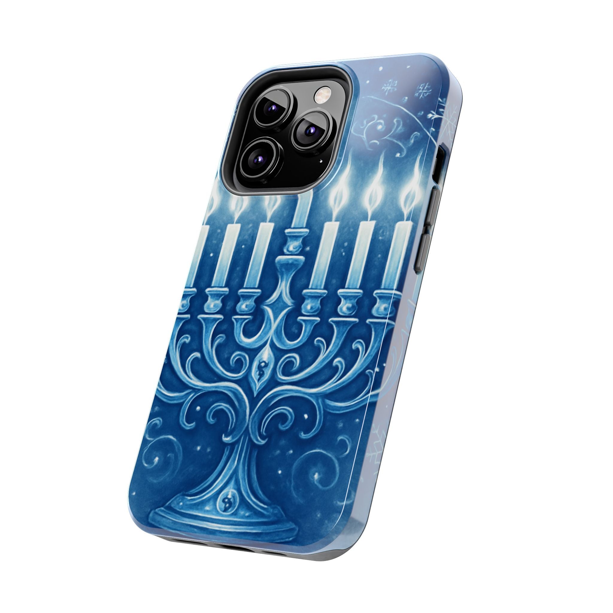 Blue Hanukkah Menorah Tough Phone Case — Holiday Candlelight Protective Cover