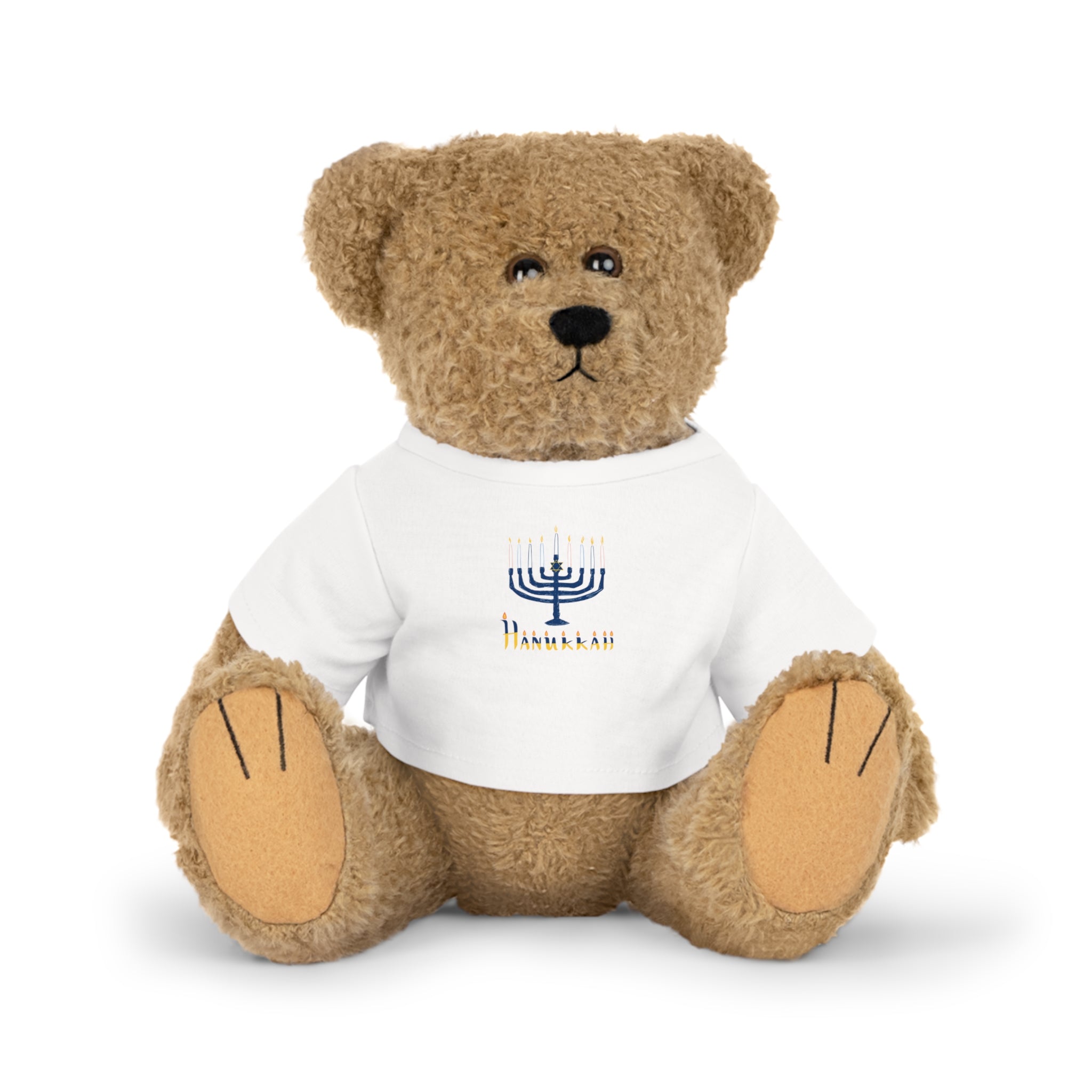 Teddy bear wearing a white t-shirt with a menorah design on a white background
