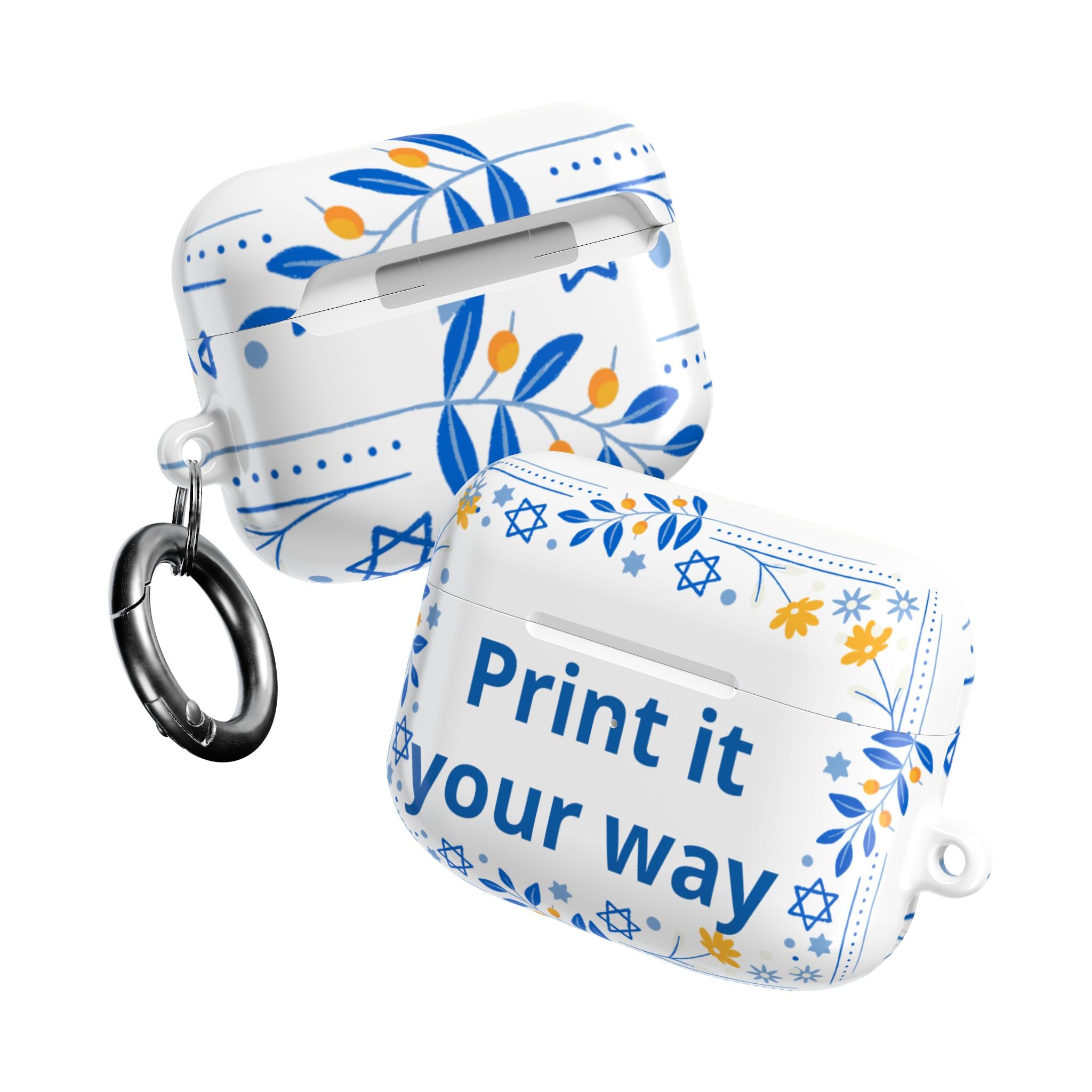 Custom Hanukkah AirPod Case — Blue & Gold Star of David Floral Design (Print It Your Way)