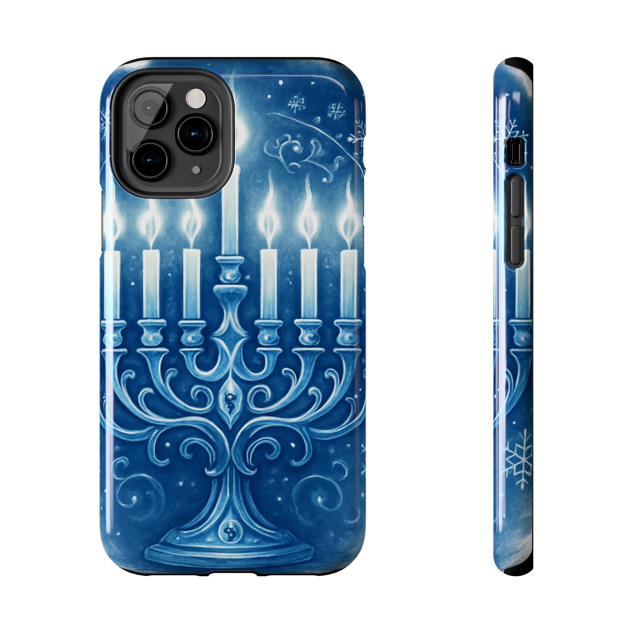 Blue Hanukkah Menorah Tough Phone Case — Holiday Candlelight Protective Cover