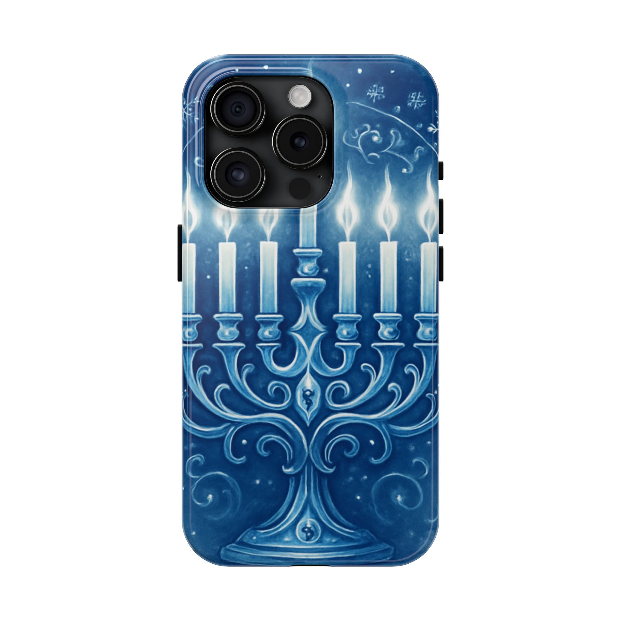 Blue Hanukkah Menorah Tough Phone Case — Holiday Candlelight Protective Cover