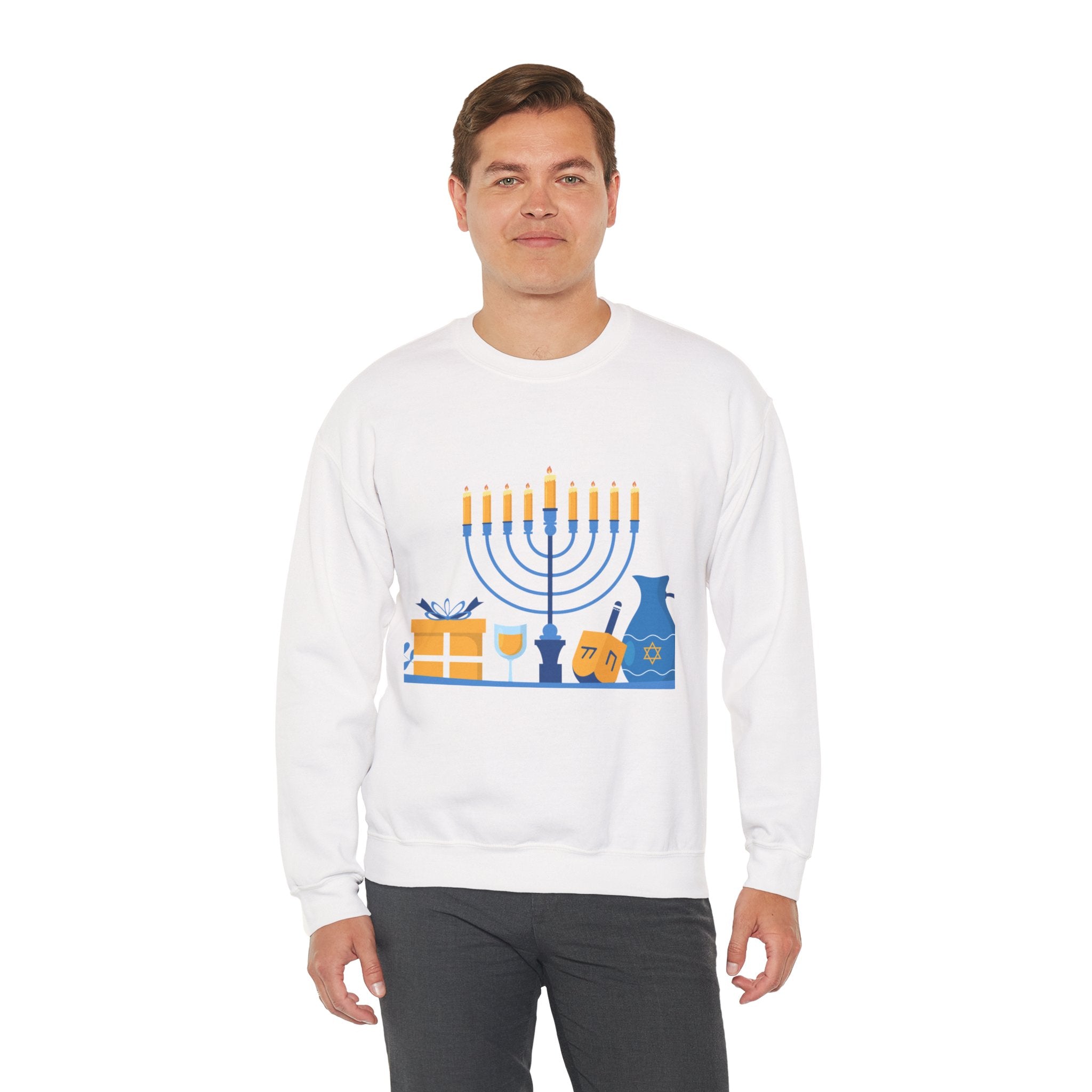 Hanukkah Crewneck Sweatshirt — Menorah, Dreidel & ‘Happy Hanukkah’ Holiday Sweater