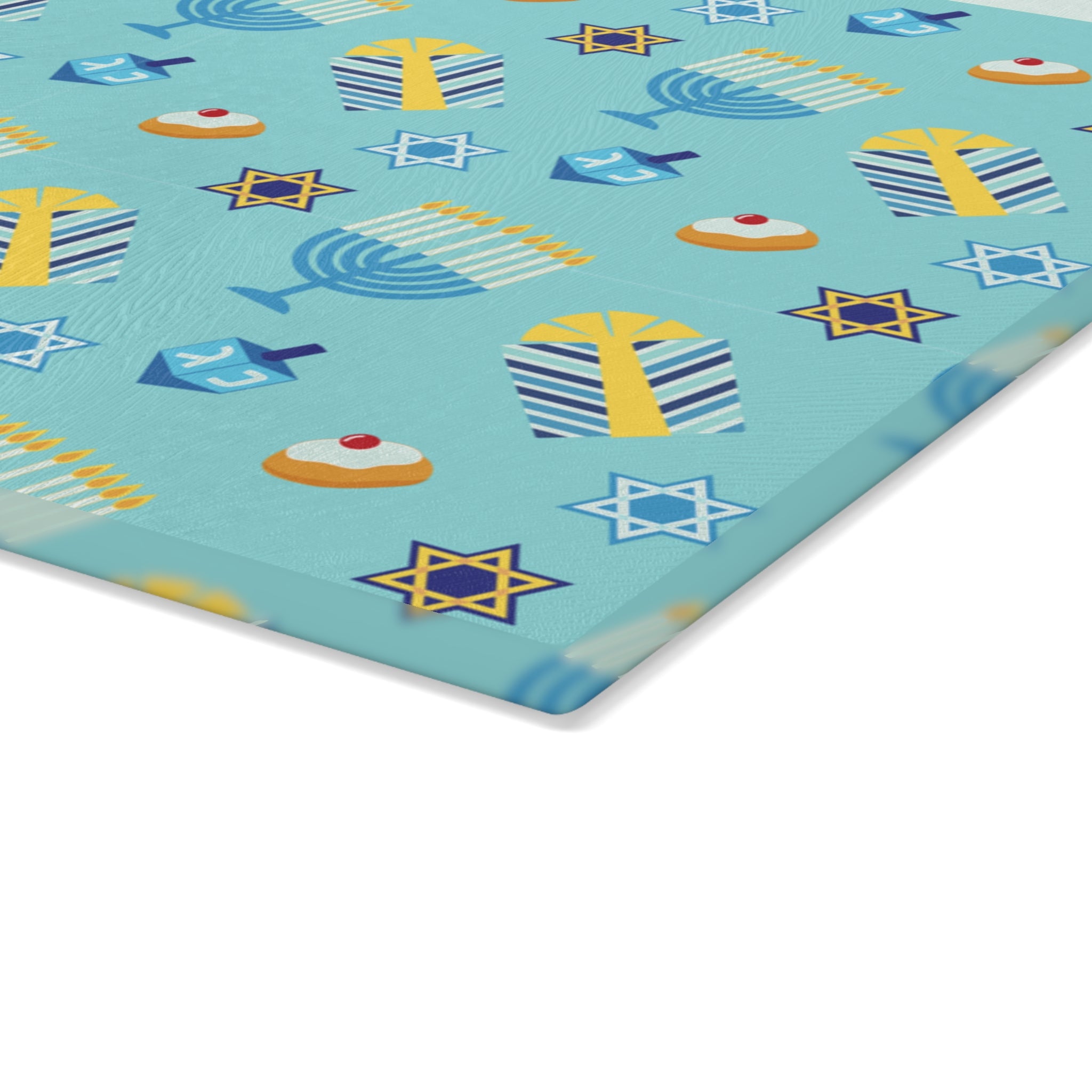 Hanukkah Pattern Glass Cutting Board — Menorah, Dreidel & Gelt Kitchen Board
