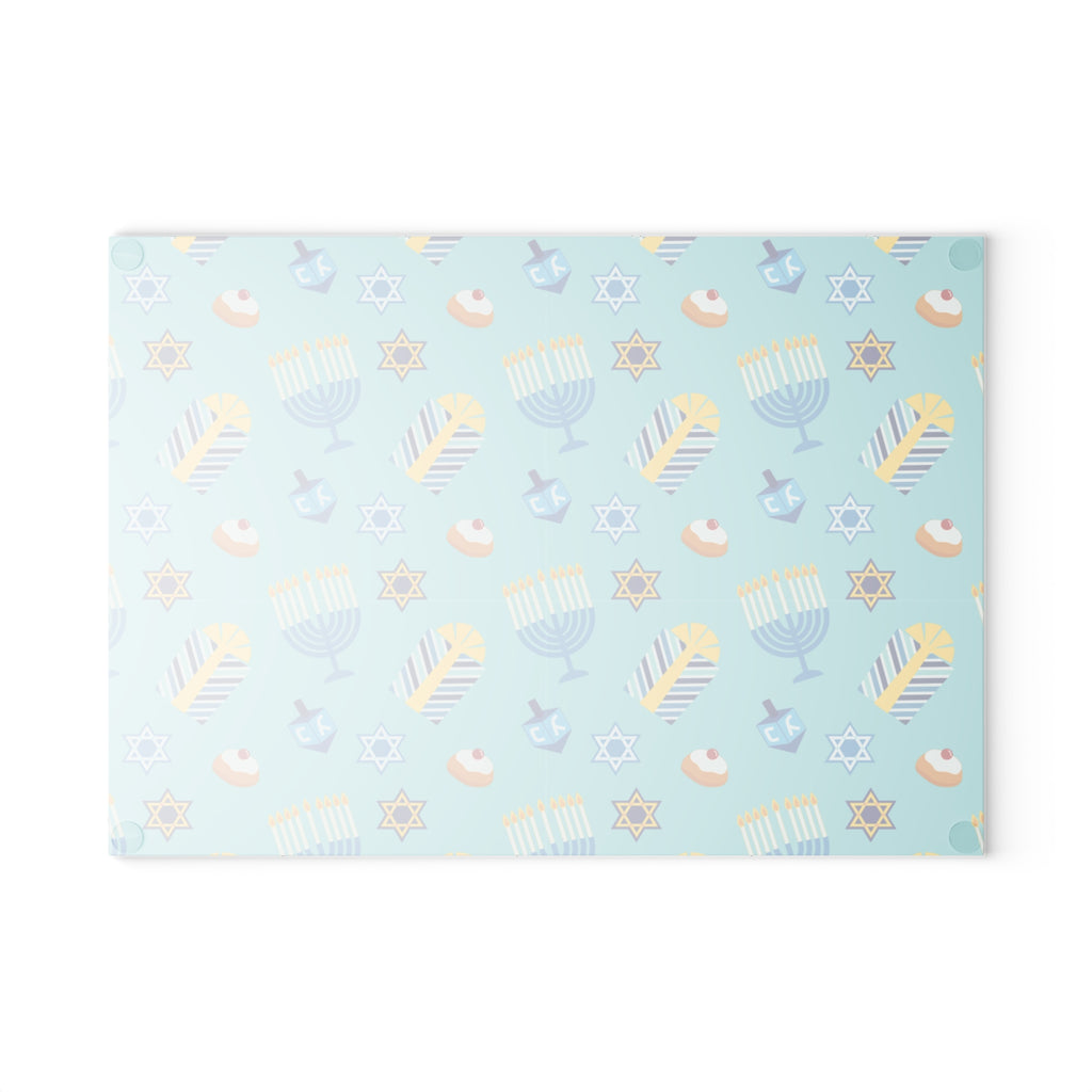 Hanukkah Pattern Glass Cutting Board — Menorah, Dreidel & Gelt Kitchen Board