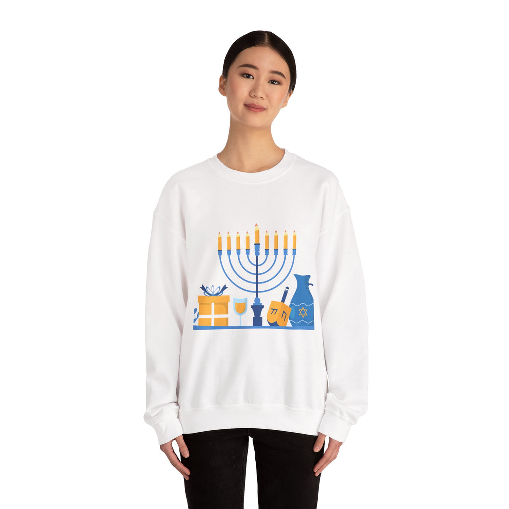 Hanukkah Crewneck Sweatshirt — Menorah, Dreidel & ‘Happy Hanukkah’ Holiday Sweater