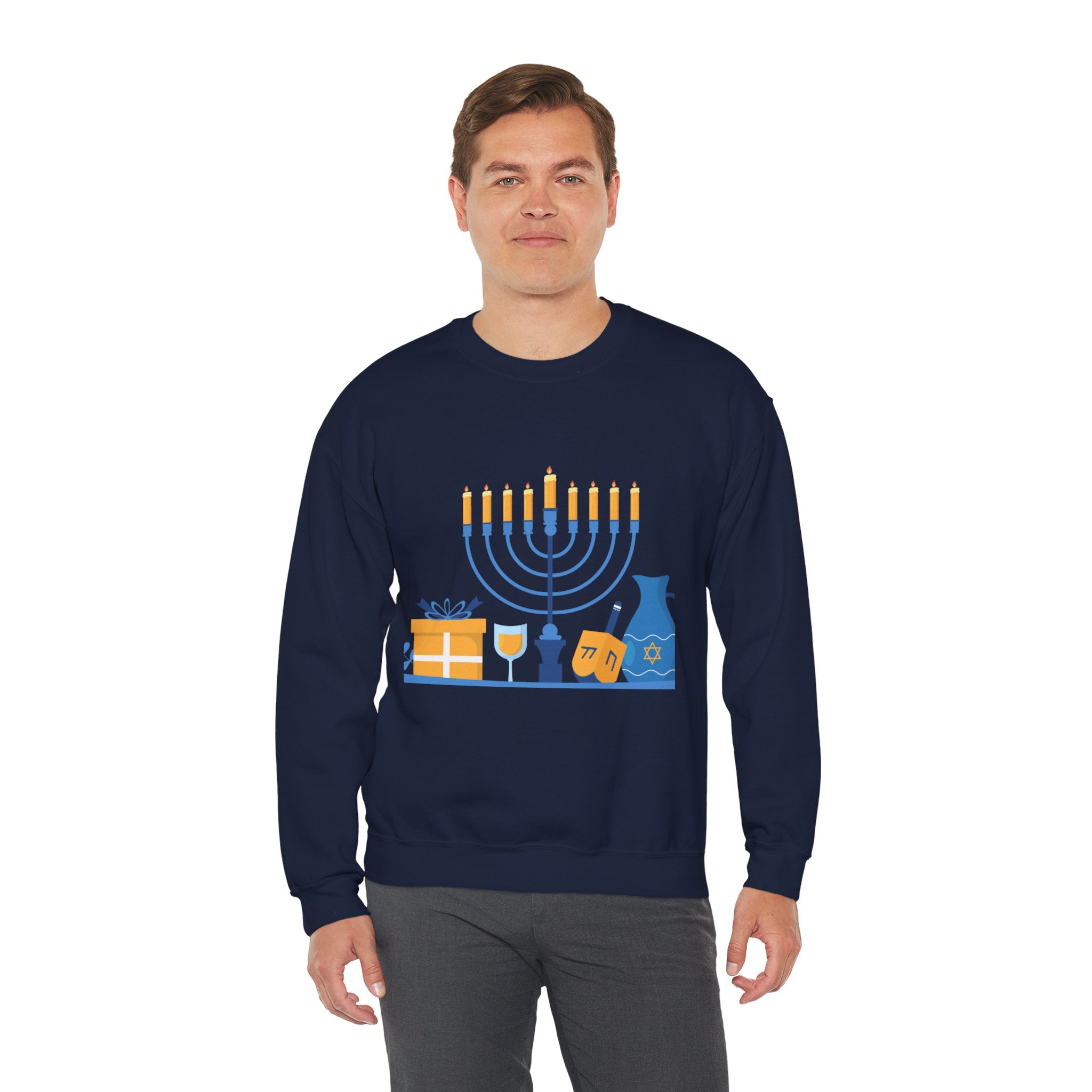Hanukkah Crewneck Sweatshirt — Menorah, Dreidel & ‘Happy Hanukkah’ Holiday Sweater