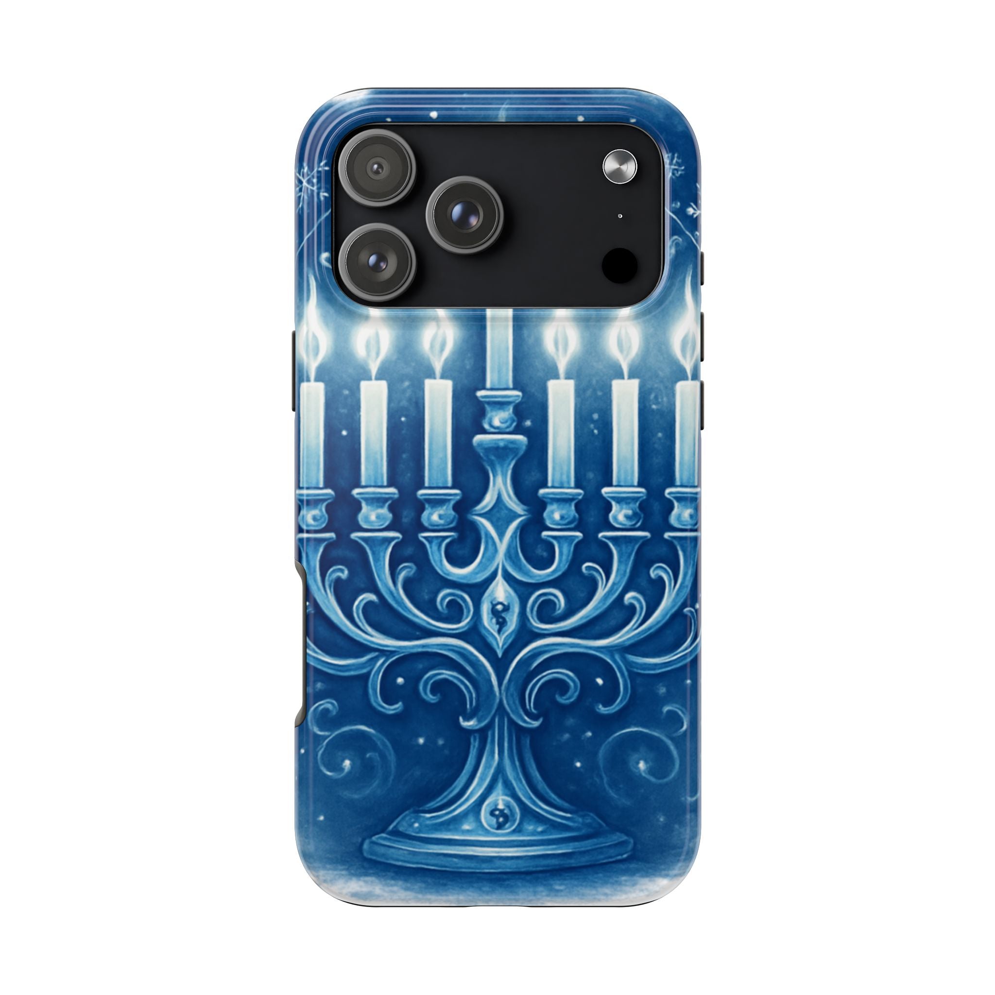 Blue Hanukkah Menorah Tough Phone Case — Holiday Candlelight Protective Cover