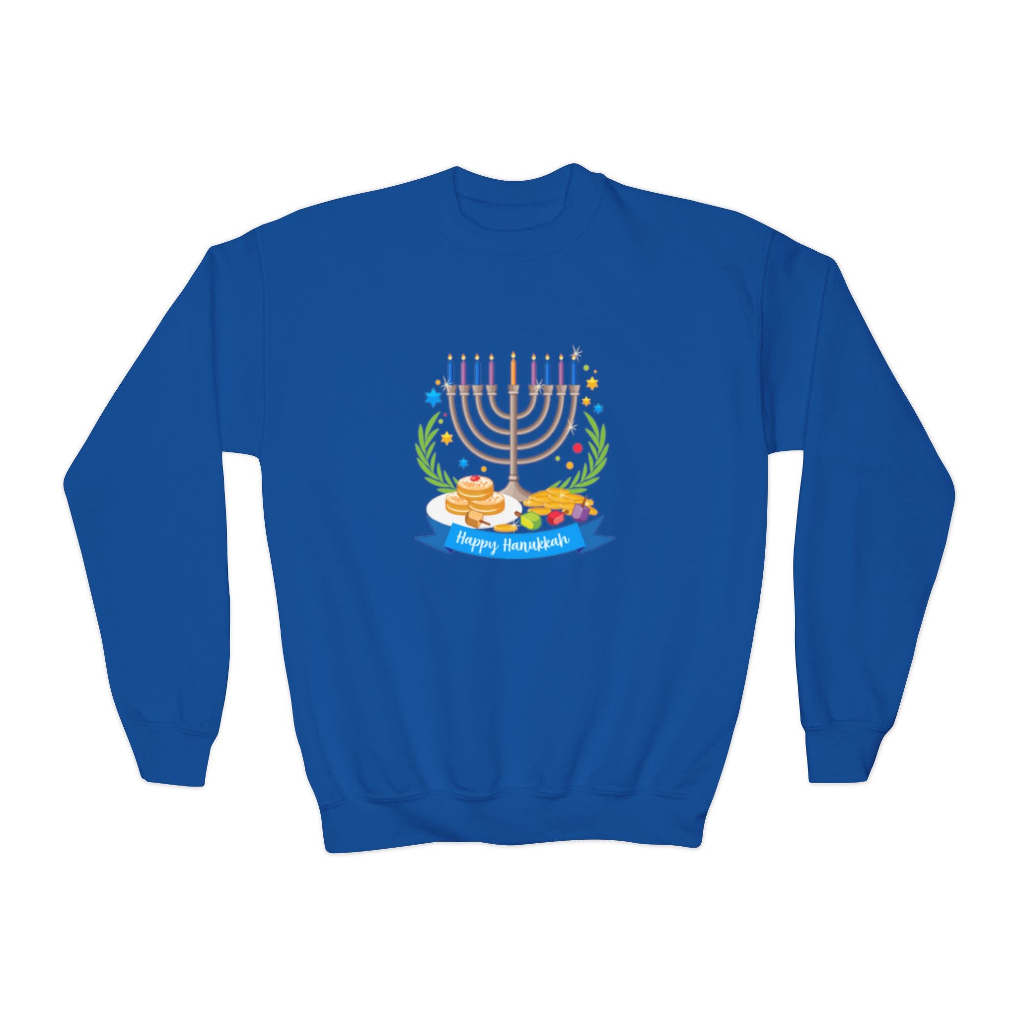 Happy Chanukah Youth Crewneck Sweatshirt — Menorah & Dreidel Holiday Sweater