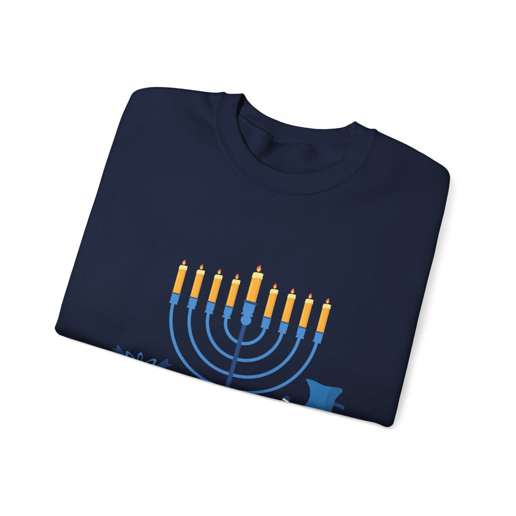 Hanukkah Crewneck Sweatshirt — Menorah, Dreidel & ‘Happy Hanukkah’ Holiday Sweater