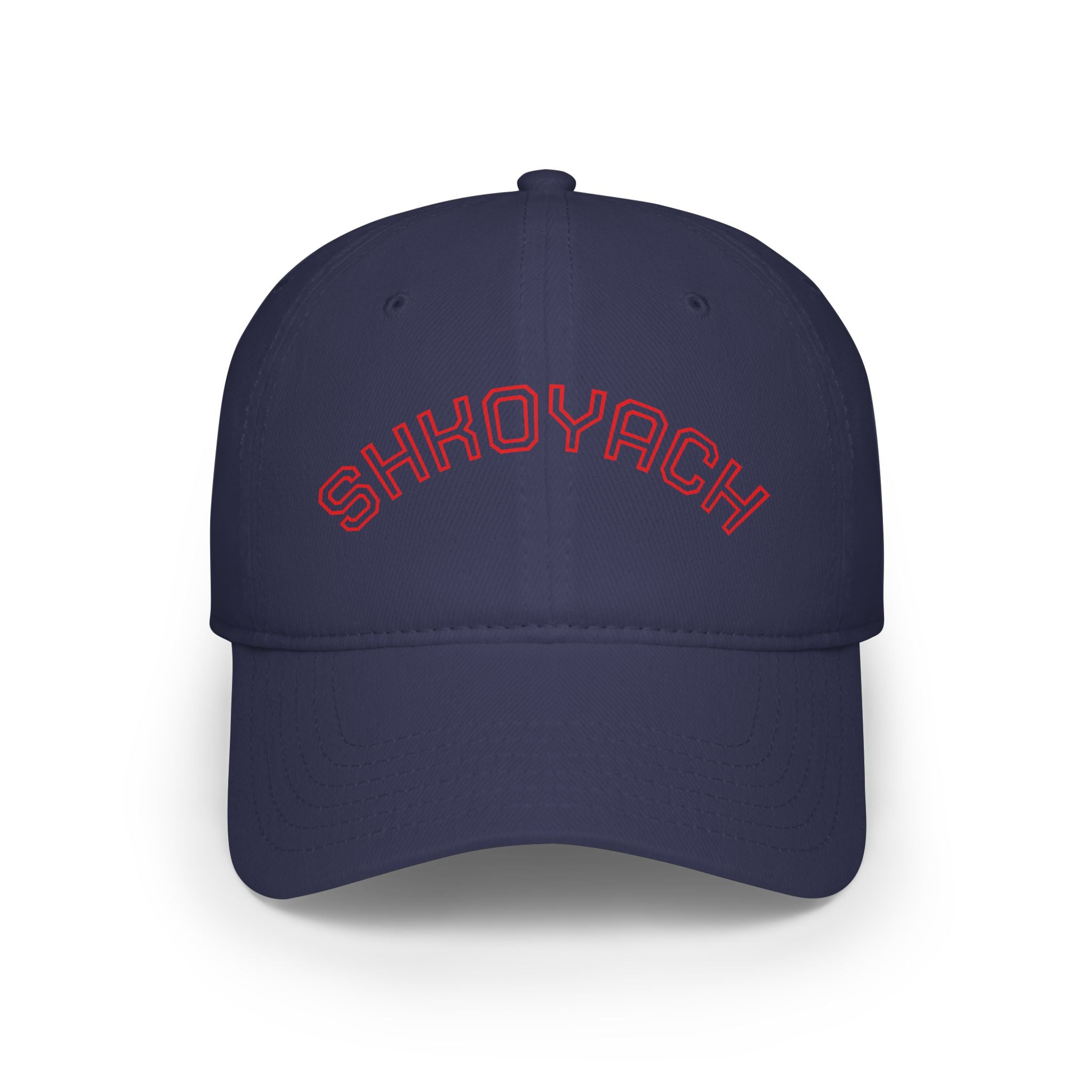Navy blue cap with red text 'SHKOVICH' on a white background