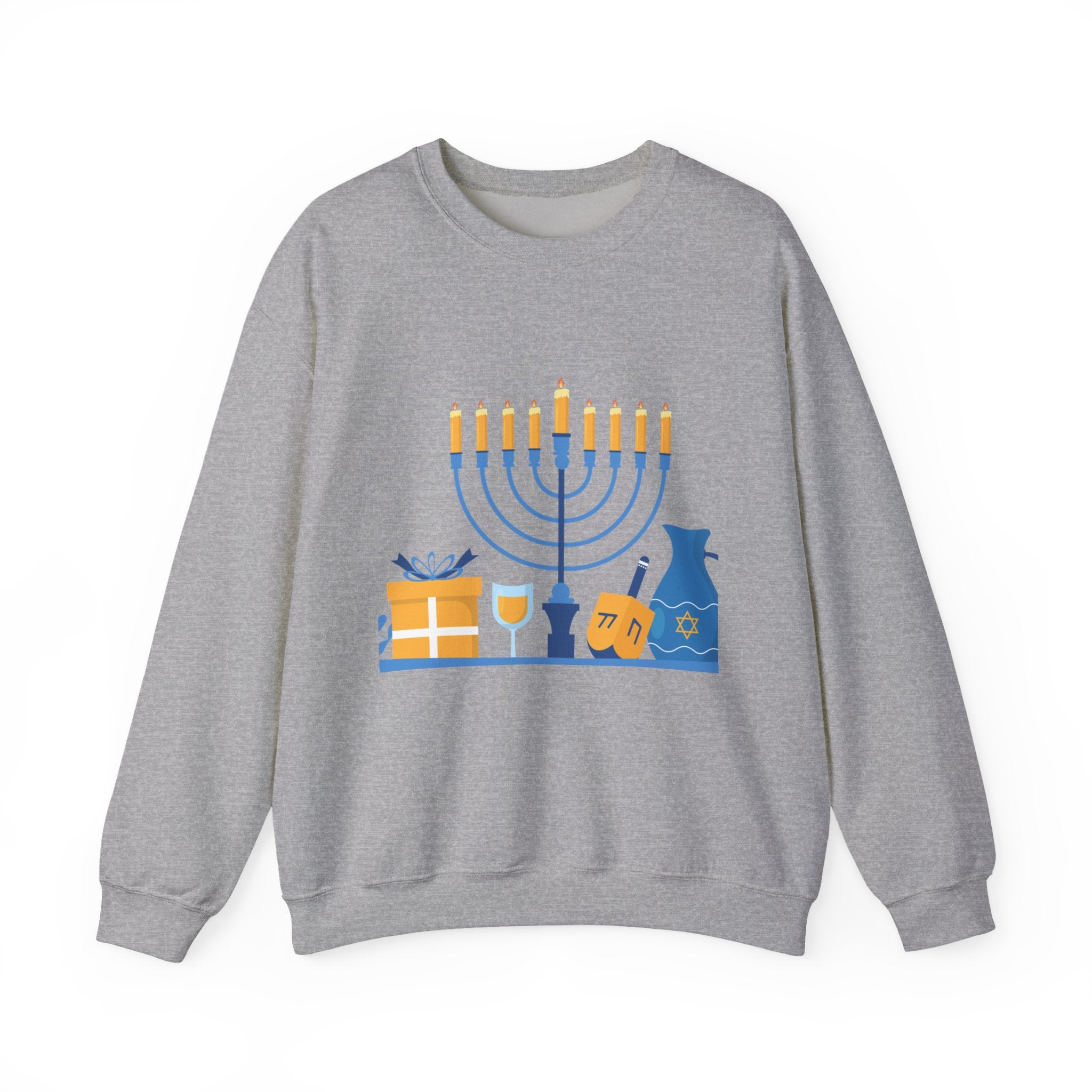 Hanukkah Crewneck Sweatshirt — Menorah, Dreidel & ‘Happy Hanukkah’ Holiday Sweater