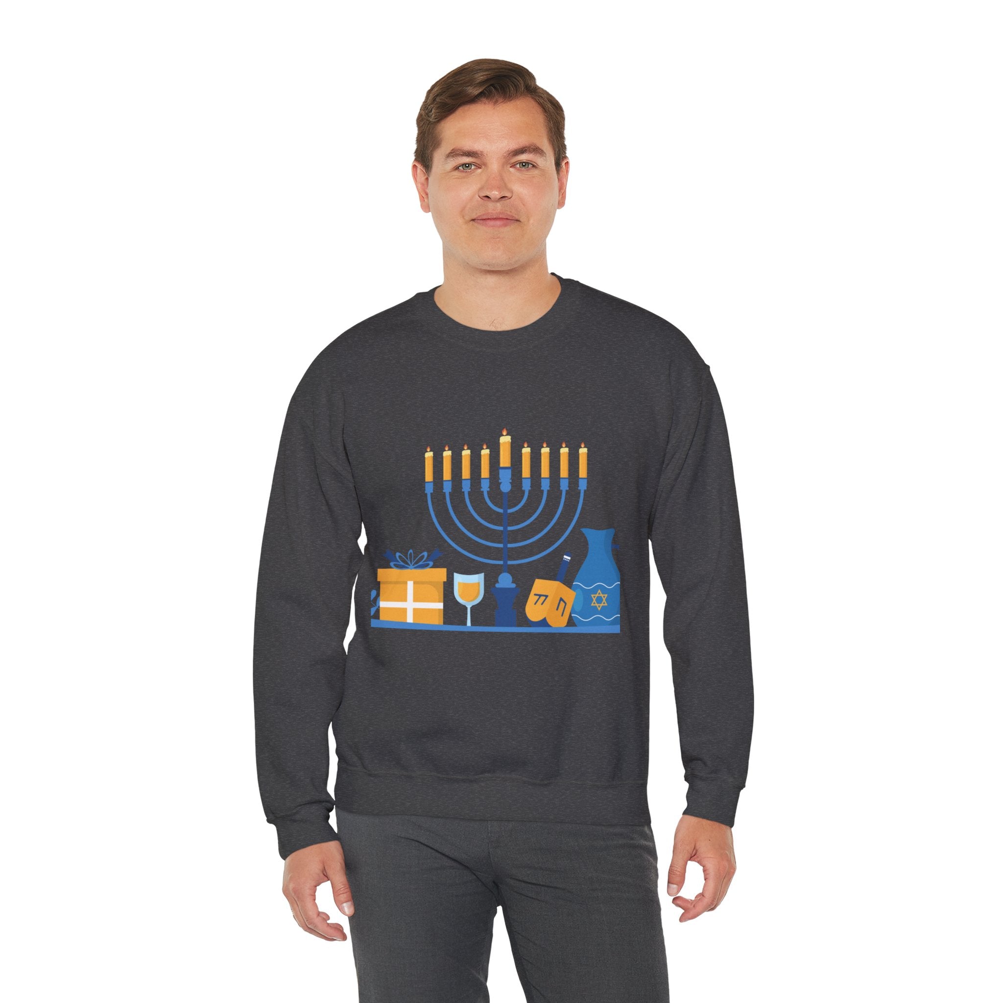 Hanukkah Crewneck Sweatshirt — Menorah, Dreidel & ‘Happy Hanukkah’ Holiday Sweater