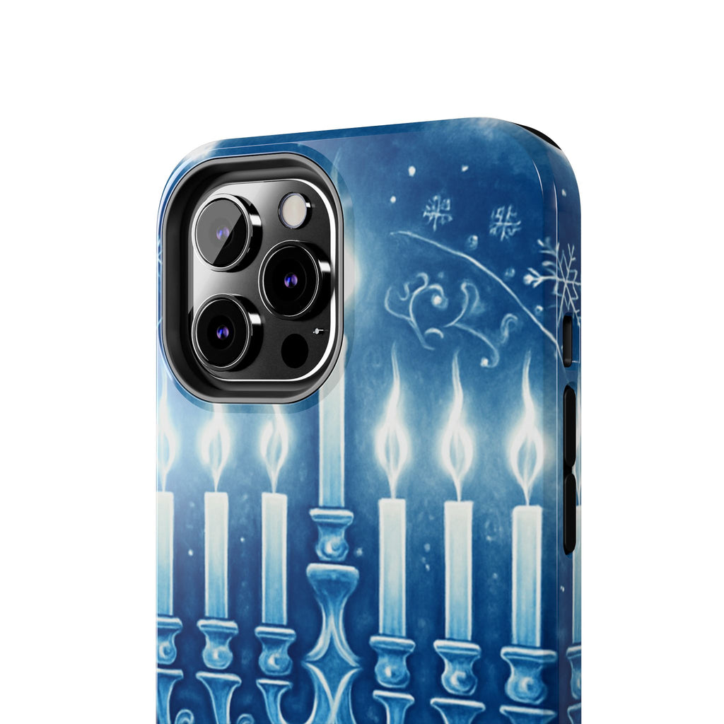 Blue Hanukkah Menorah Tough Phone Case — Holiday Candlelight Protective Cover