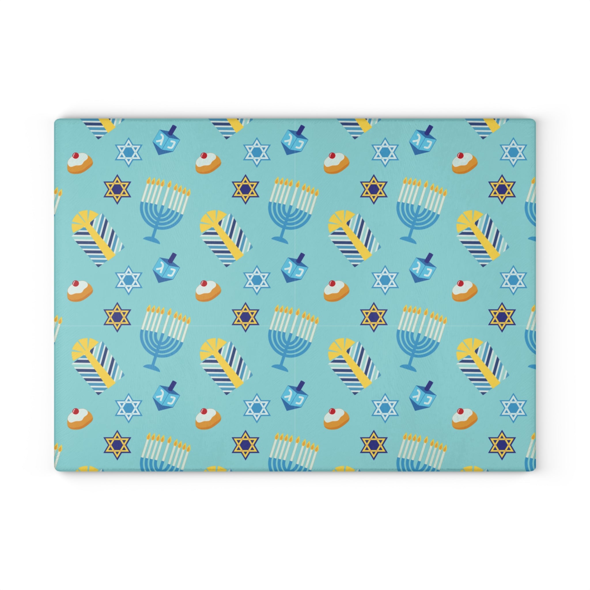 Hanukkah Pattern Glass Cutting Board — Menorah, Dreidel & Gelt Kitchen Board