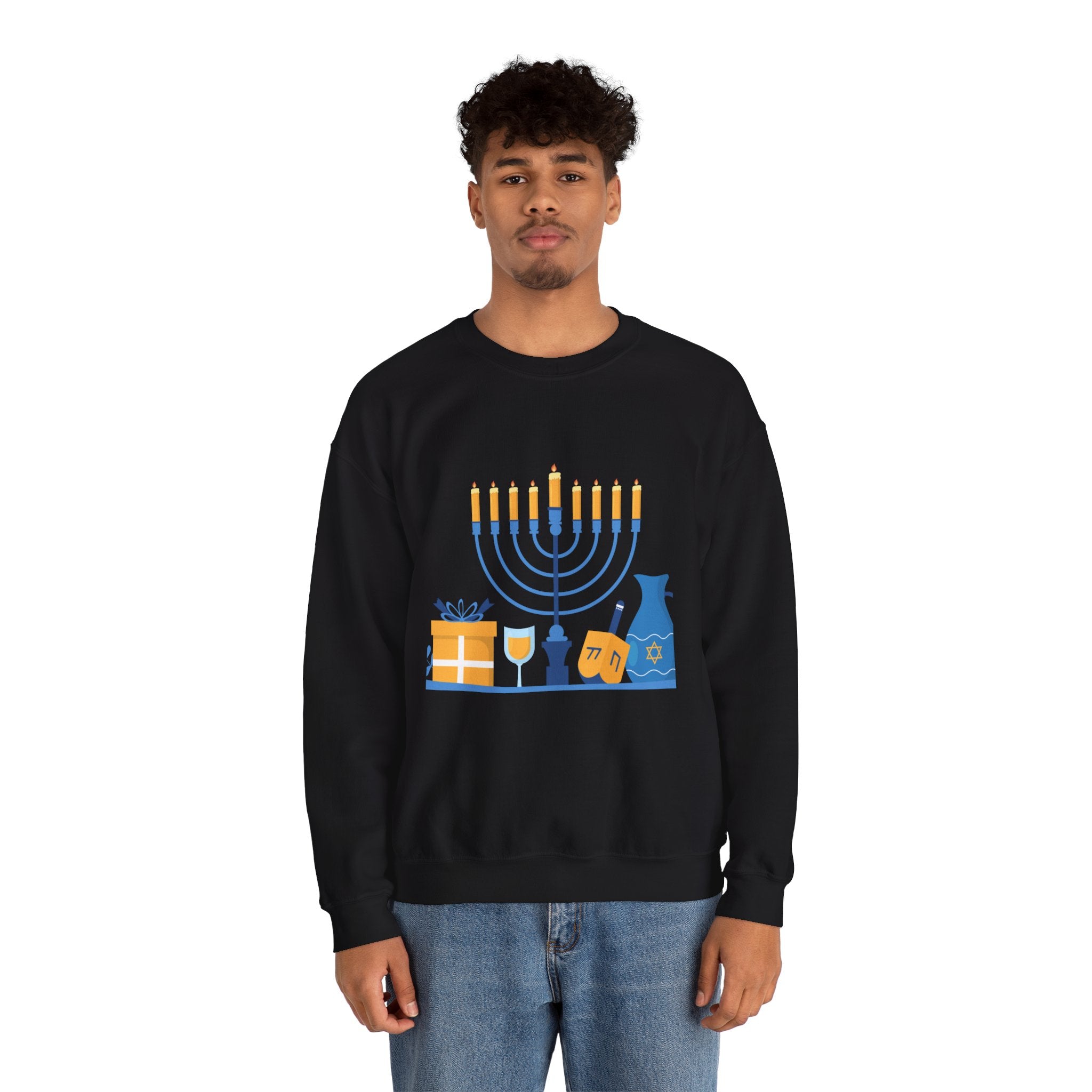 Hanukkah Crewneck Sweatshirt — Menorah, Dreidel & ‘Happy Hanukkah’ Holiday Sweater