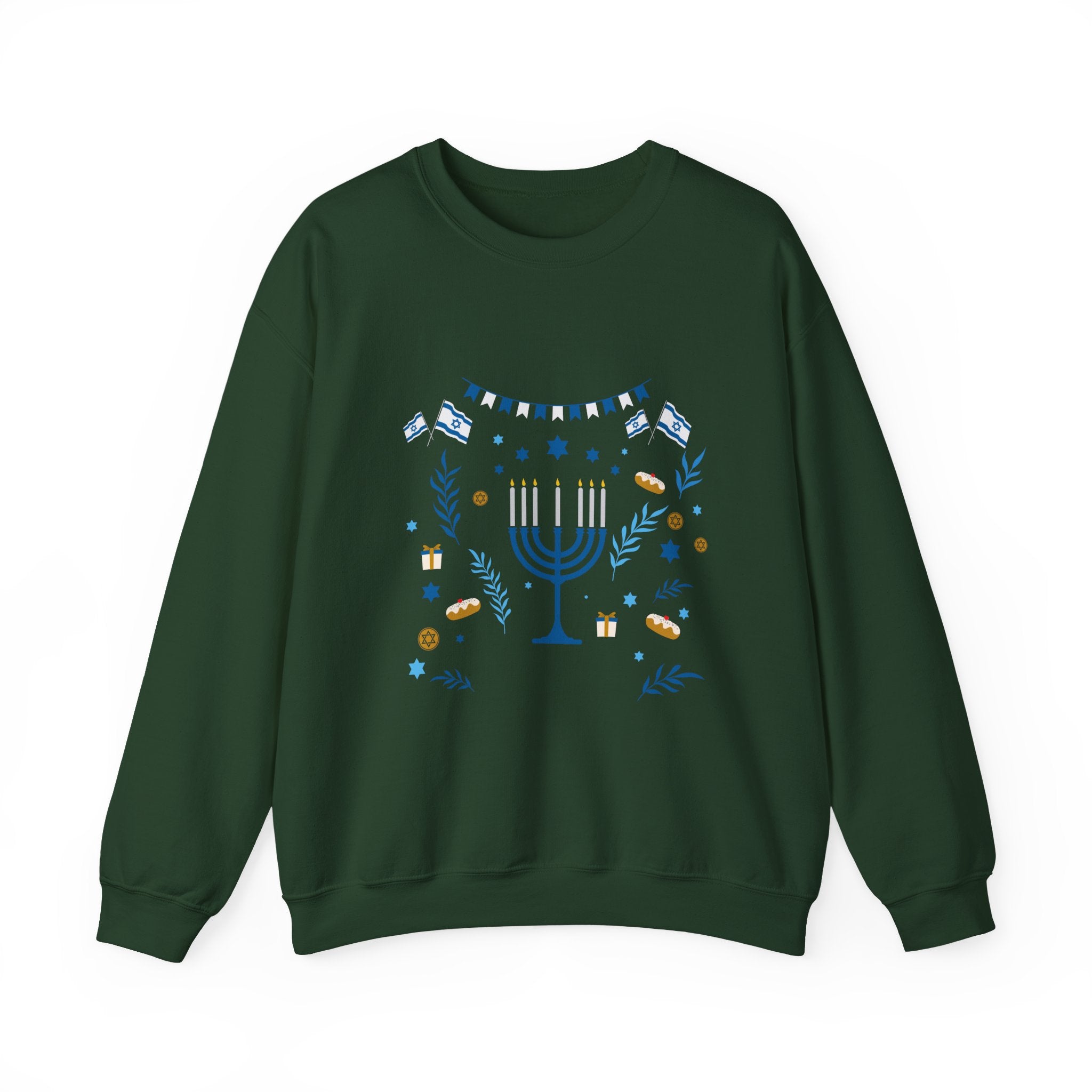 Hanukkah Crewneck Sweatshirt — Menorah & "Happy Hanukkah" Holiday Sweater